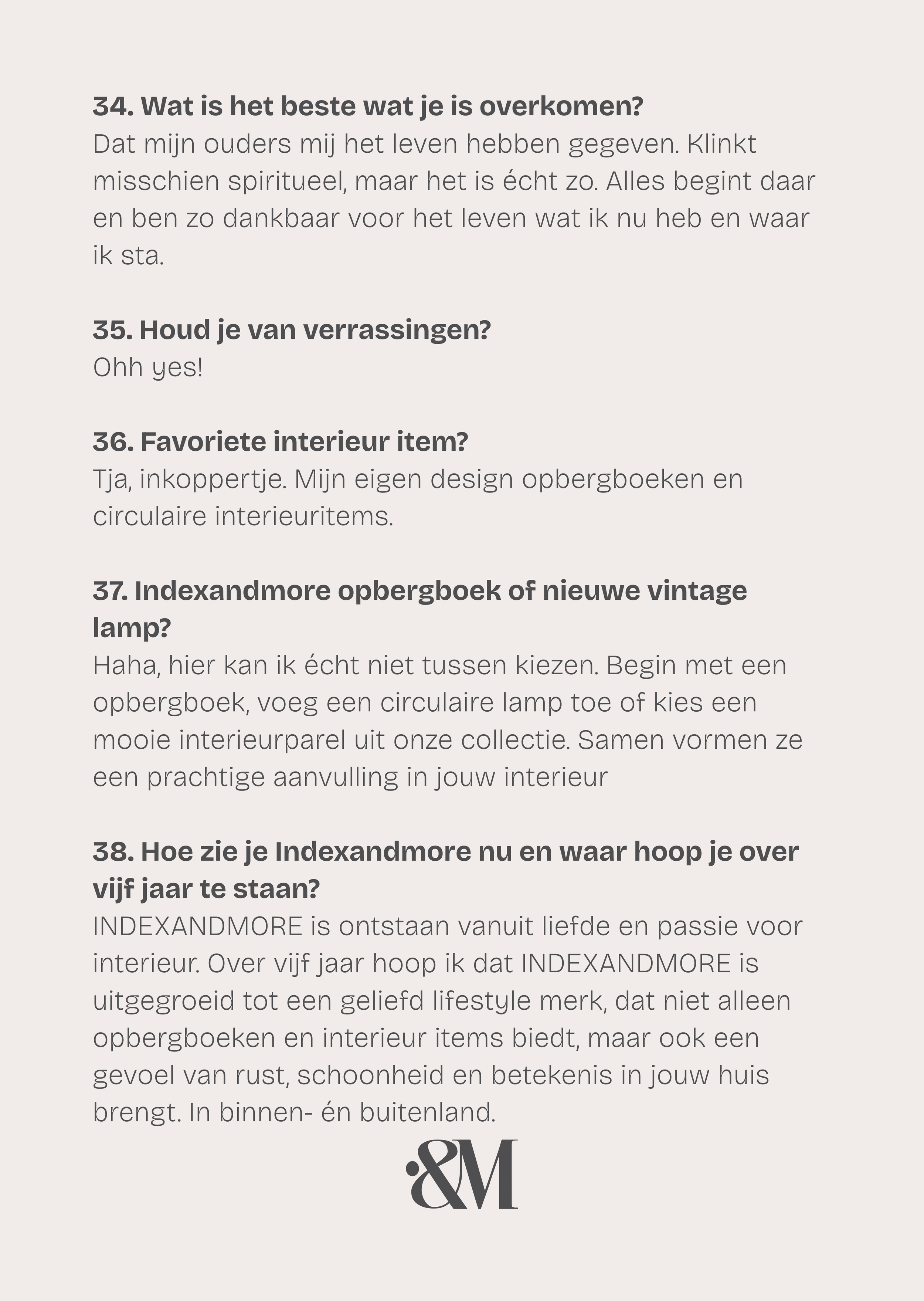 Tekst met vragen en antwoorden over persoonlijke voorkeuren, met een Indexandmore logo onderaan.