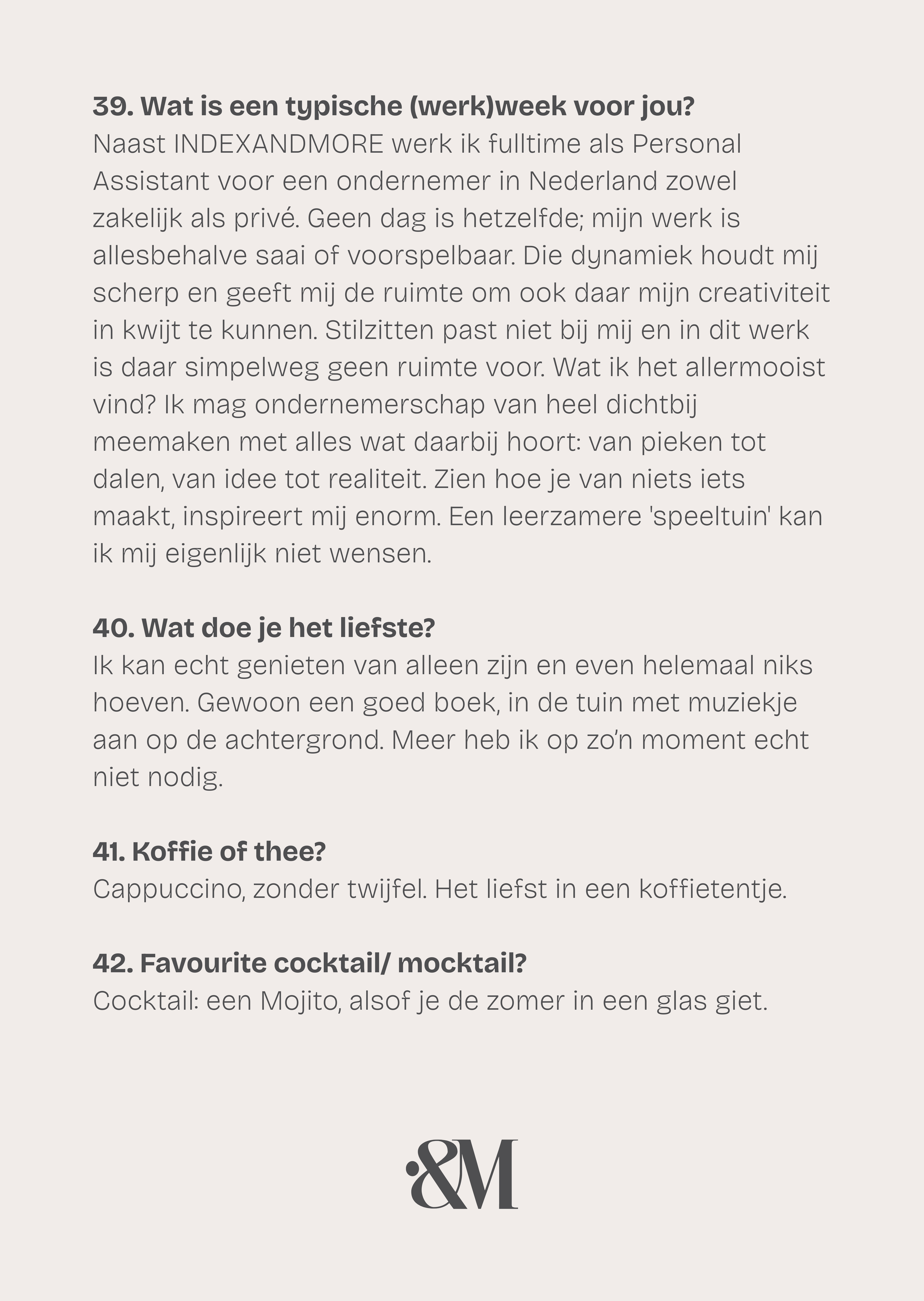 Een pagina met vragen en antwoorden over werk-, hobby- en leefstijl. Text bevat vragen over een typische werkweek, favoriete vrije tijdsbesteding, koffiedrank, en favoriete cocktail, met bijbehorende antwoorden.