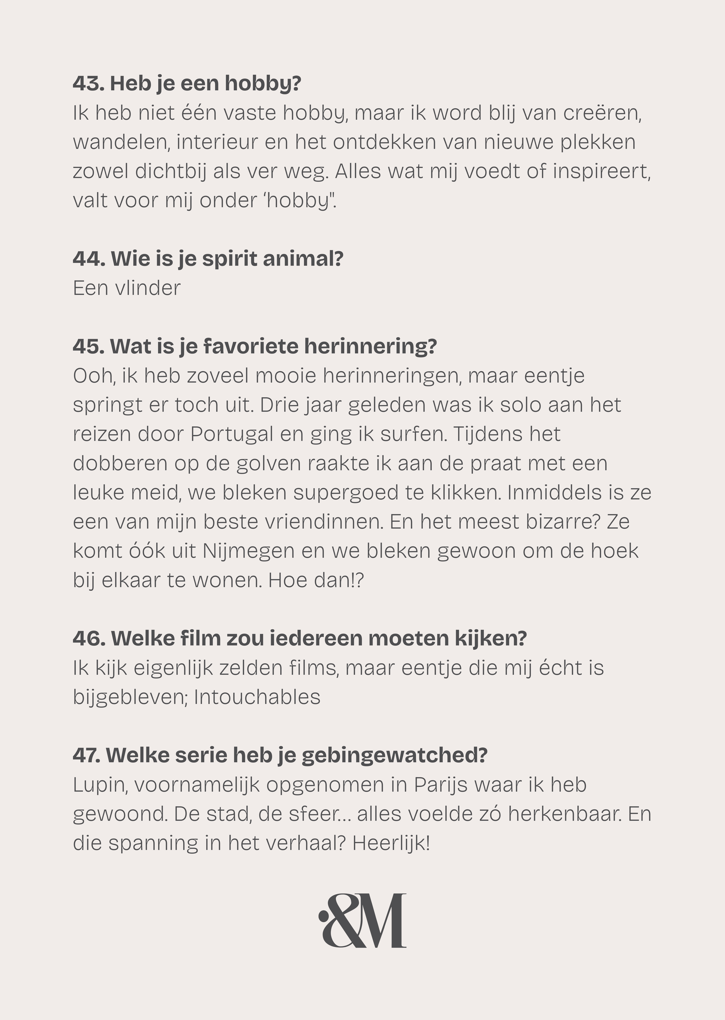 Een pagina met een reeks vragen en antwoorden over hobby's, spirit animals, herinneringen, favoriete films, series, en een logo van Indexandmore.