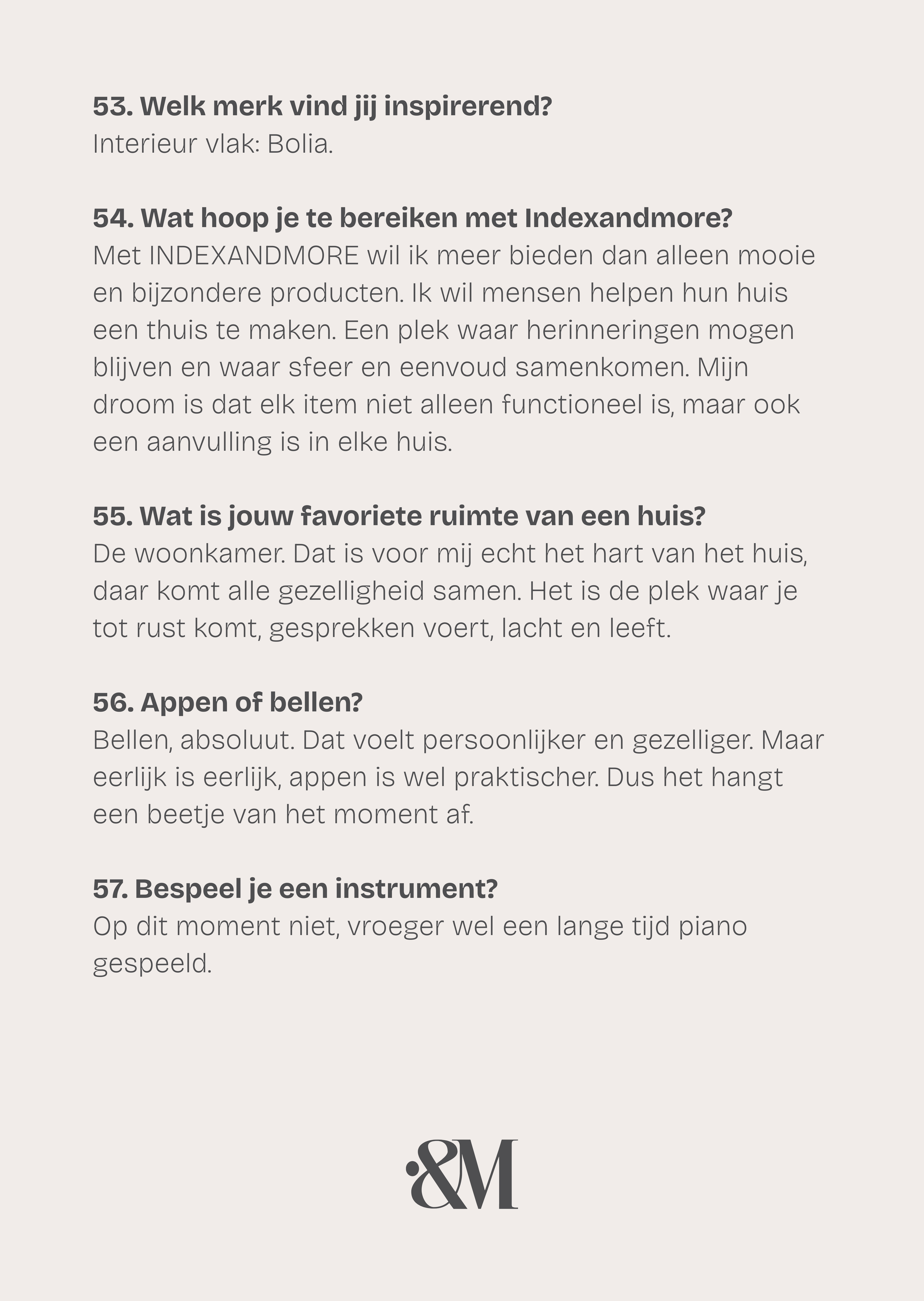 Een pagina met vragen en antwoorden over interieur en persoonlijke voorkeuren, inclusief onderwerpen zoals inspirerend merk, droomhuis, favoriete kamer, telefoongewoonten en muziekinstrumenten.