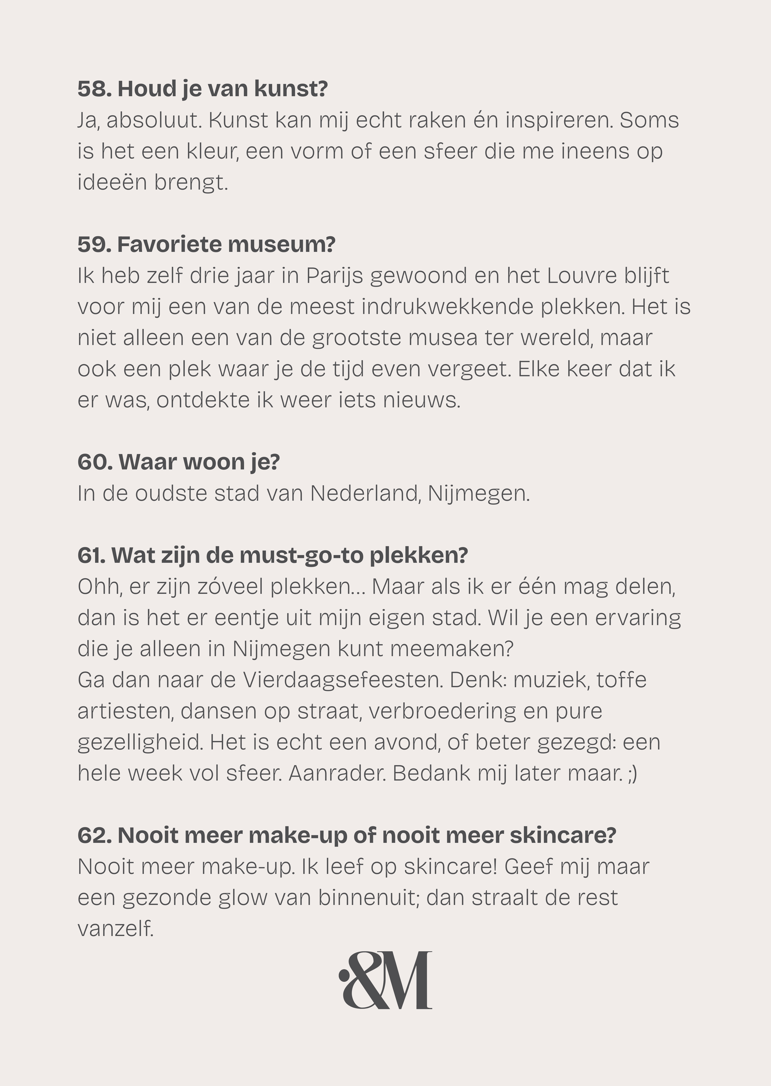 Een pagina uit een magazine of brochure met vragen en antwoorden over kunst, musea, wonen in Nijmegen, must-go-to plekken, makeup en skincare.