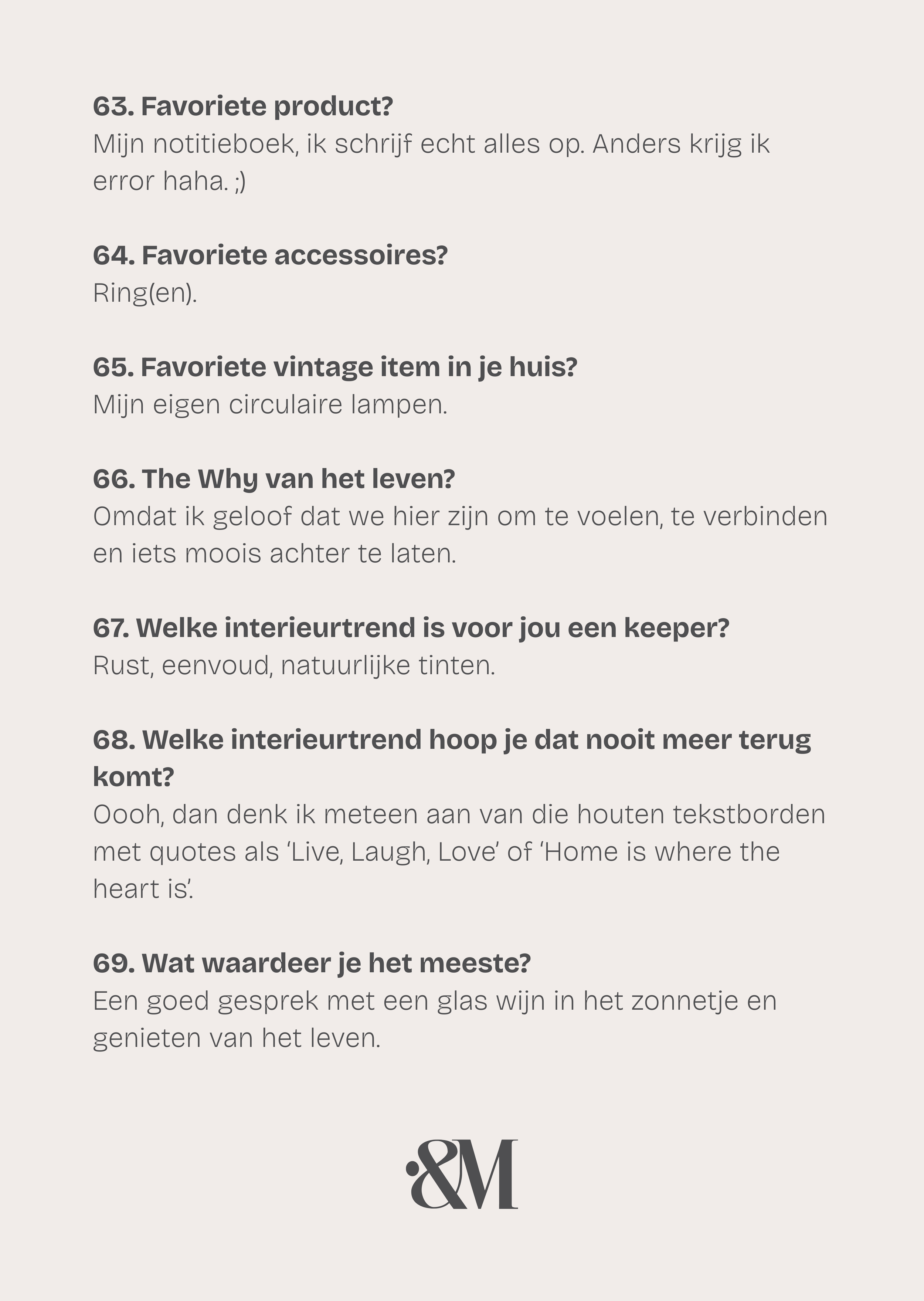 Een pagina uit een interview of vragenlijst met vragen over favoriete producten, accessoires, vintage items, leefmotivatie, interieurkeuzes, en waardes, met een logo Indexandmore onderaan.