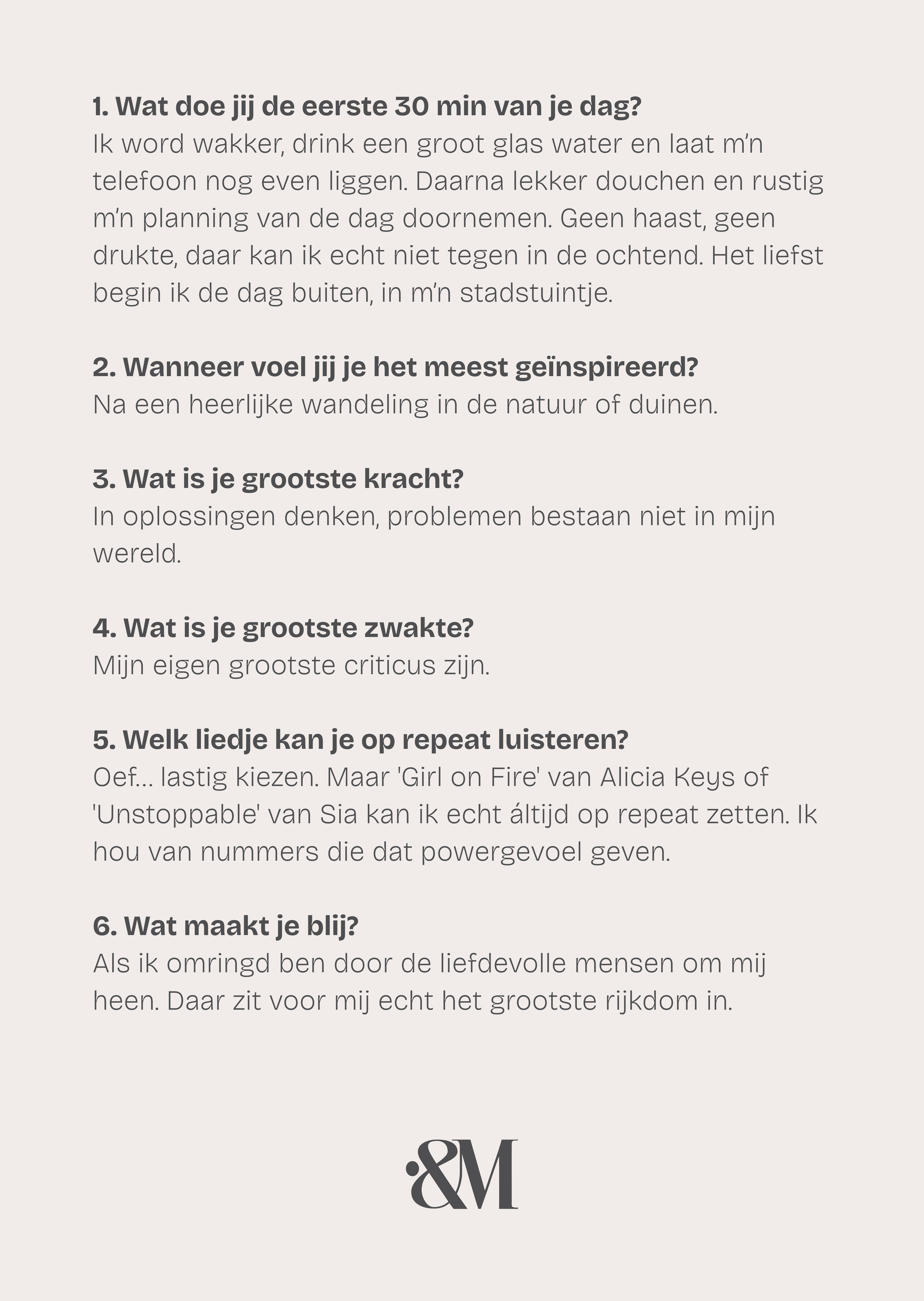 Een lijst met vragen en antwoorden over persoonlijke voorkeuren en inspiratie, onderaan het logo van Indexandmore