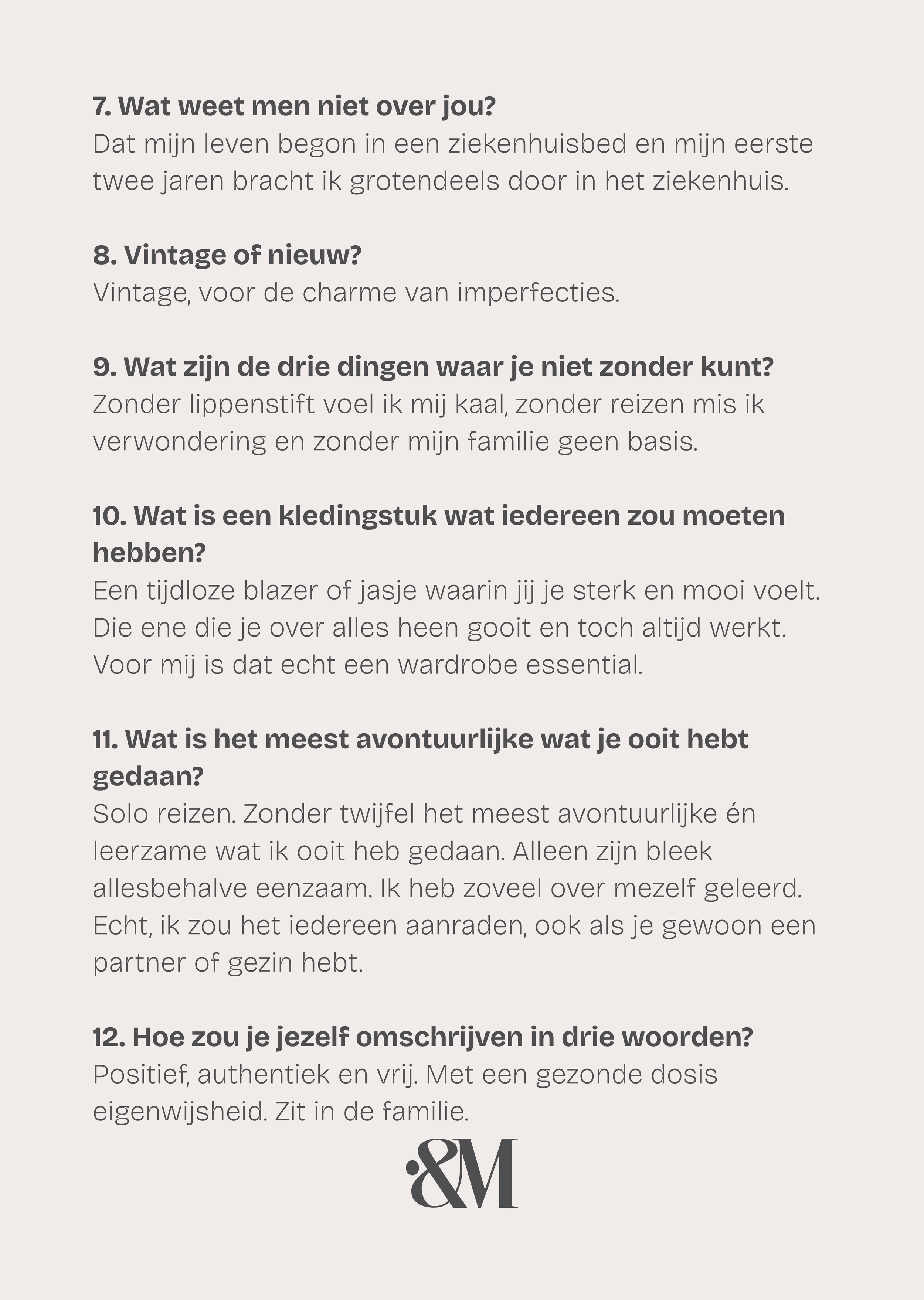 Tekstpagina met vragen en antwoorden over persoonlijke voorkeuren en karaktereigenschappen in het Nederlands.