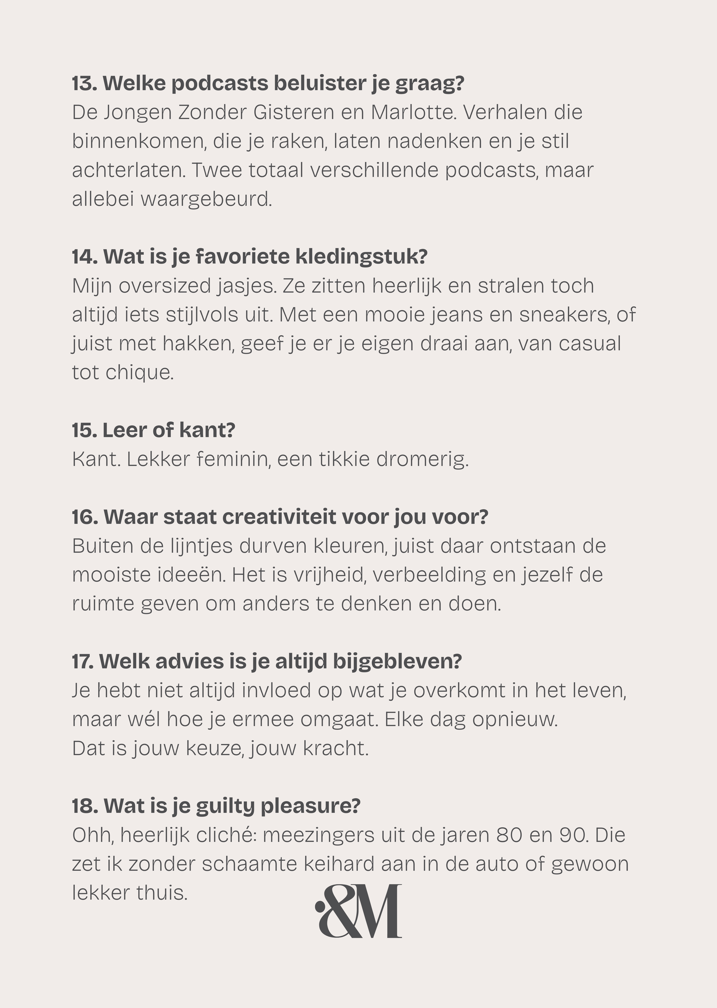 Een tekstpagina met vragen en antwoorden over persoonlijke voorkeuren, inclusief vragen over podcasts, kleding, creativiteit, advies, en guilty pleasures, ondersteund door het beeldmerk van Indexandmore aan de onderkant.