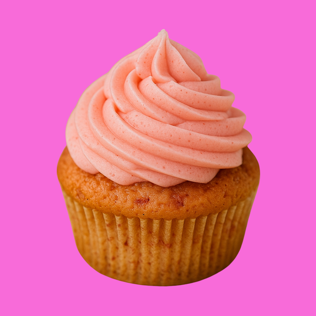 Cupcake with pink frosting on a pink background.