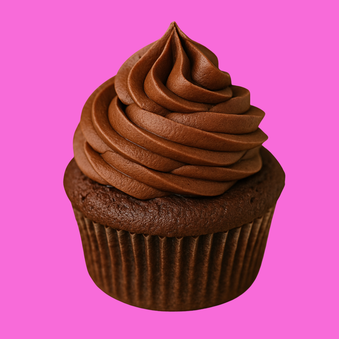 Chocolate cupcake with swirled chocolate frosting on a pink background.