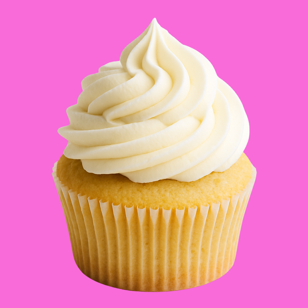 A vanilla cupcake with white frosting swirl on a pink background.