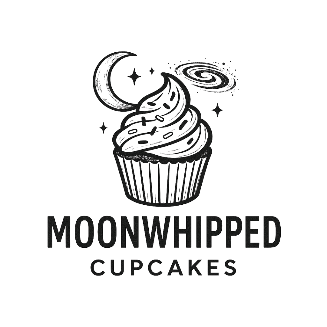 A black and white logo for Moonwhipped Cupcakes featuring a cupcake with swirled frosting, a crescent moon, stars, and a galaxy swirl in the background, with the text "Moonwhipped Cupcakes" below.