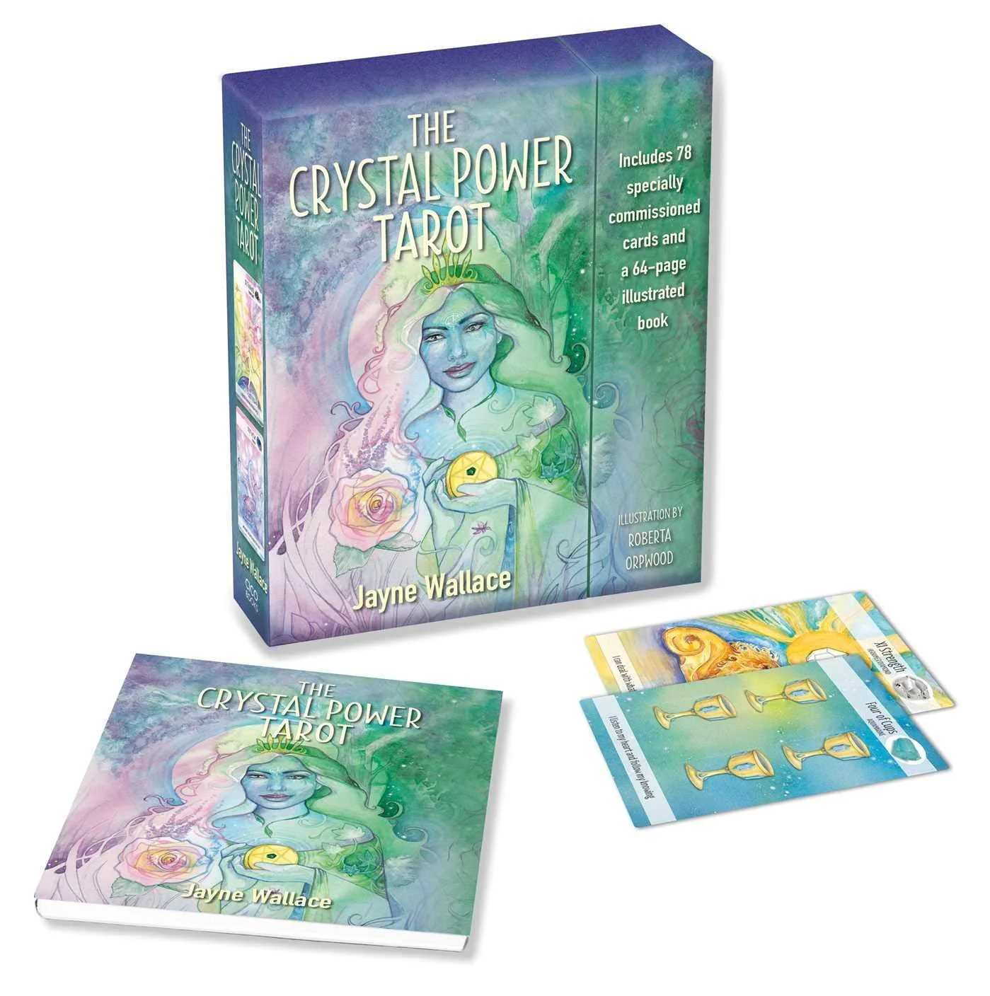 A boxed set of The Crystal Power Tarot includes 78 cards, a 64-page illustrated guidebook, a card featuring the Moon, and tarot cards with symbols and images, along with a small booklet titled 'For Your Focus'.