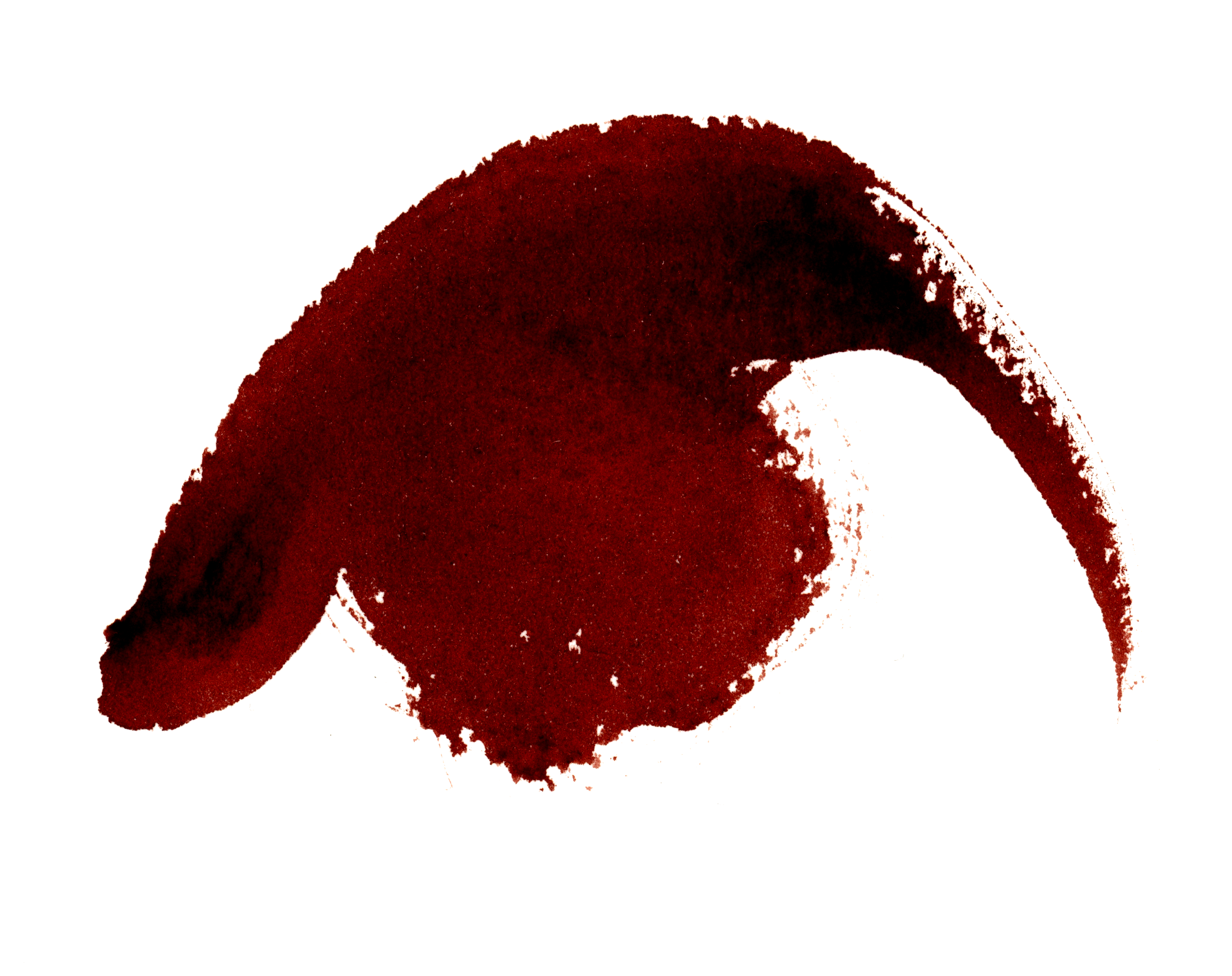 Close-up of a red-painted curved brush stroke on black background, showing texture and uneven edges.