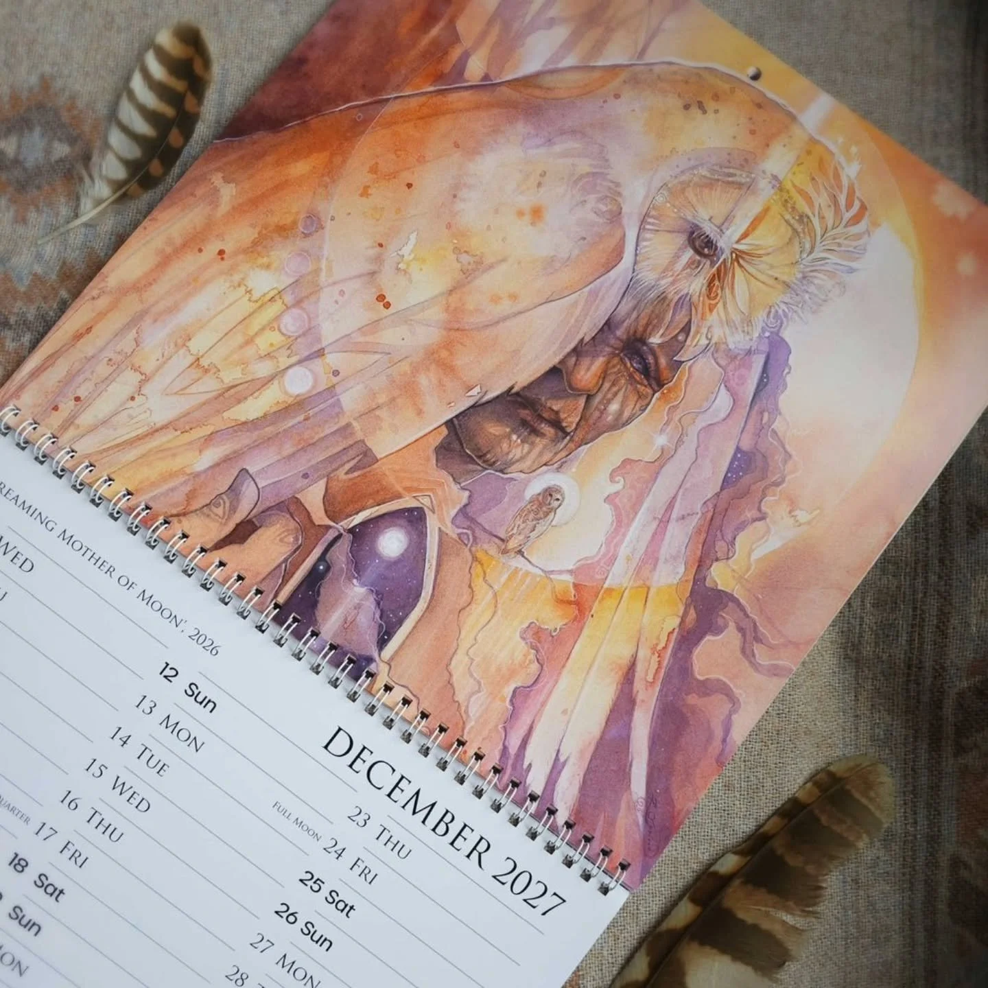 One of the artworks featured in the SoulBird Art 2027 Calendar ✨️ 

Dreaming Mother of Moon
An Owl Medicine Woman by Roberta Orpwood 

Printed from the original watercolour painting 🪶