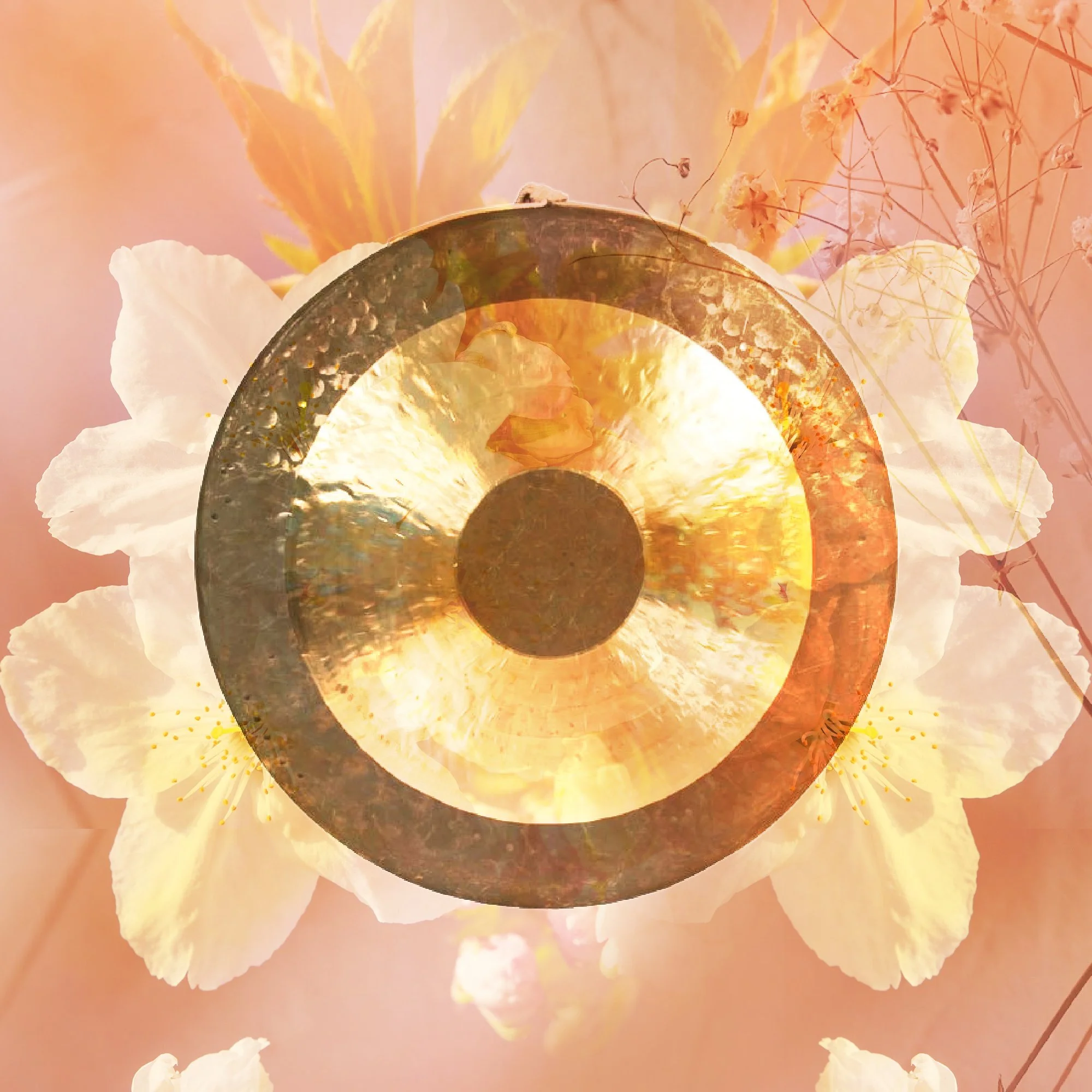 A decorative design featuring a metallic circular object with a reflective surface, overlapping a background of light-colored flowers and foliage.