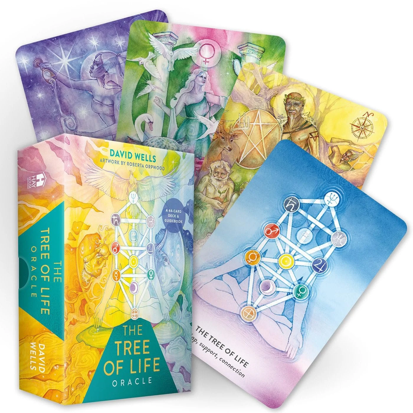 A deck of oracle cards titled 'The Tree of Life Oracle' by David Wells, with colorful illustrated cards depicting mythical and spiritual themes.