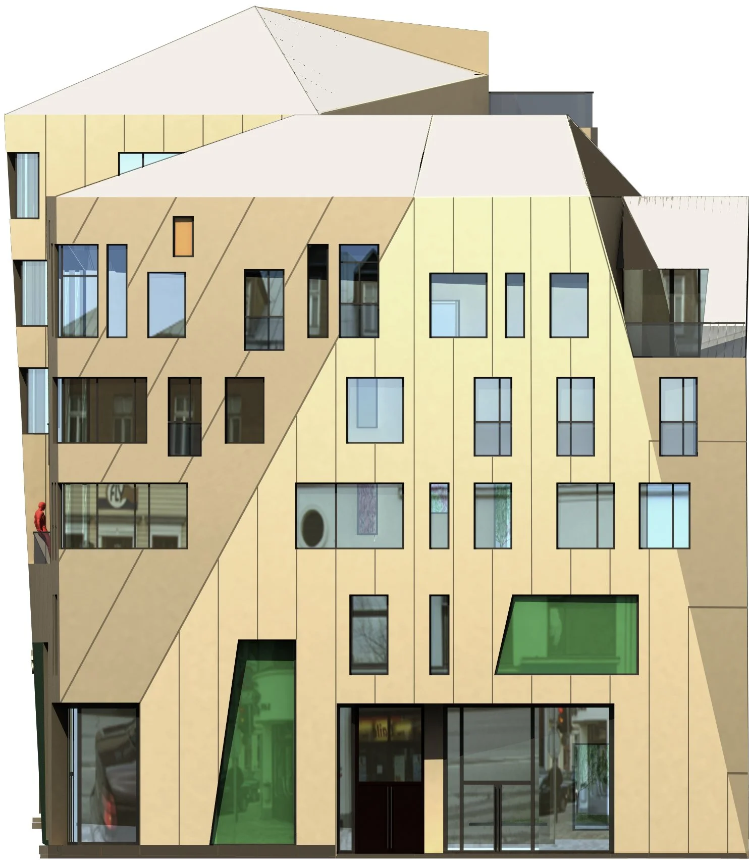 Modern multi-story building with beige and yellow panels, variously shaped windows, and green tinted windows on the lower level.