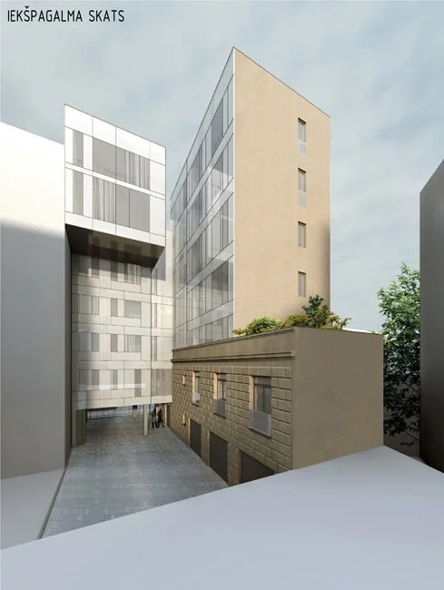 Modern architectural site plan with a multi-story building and courtyard.