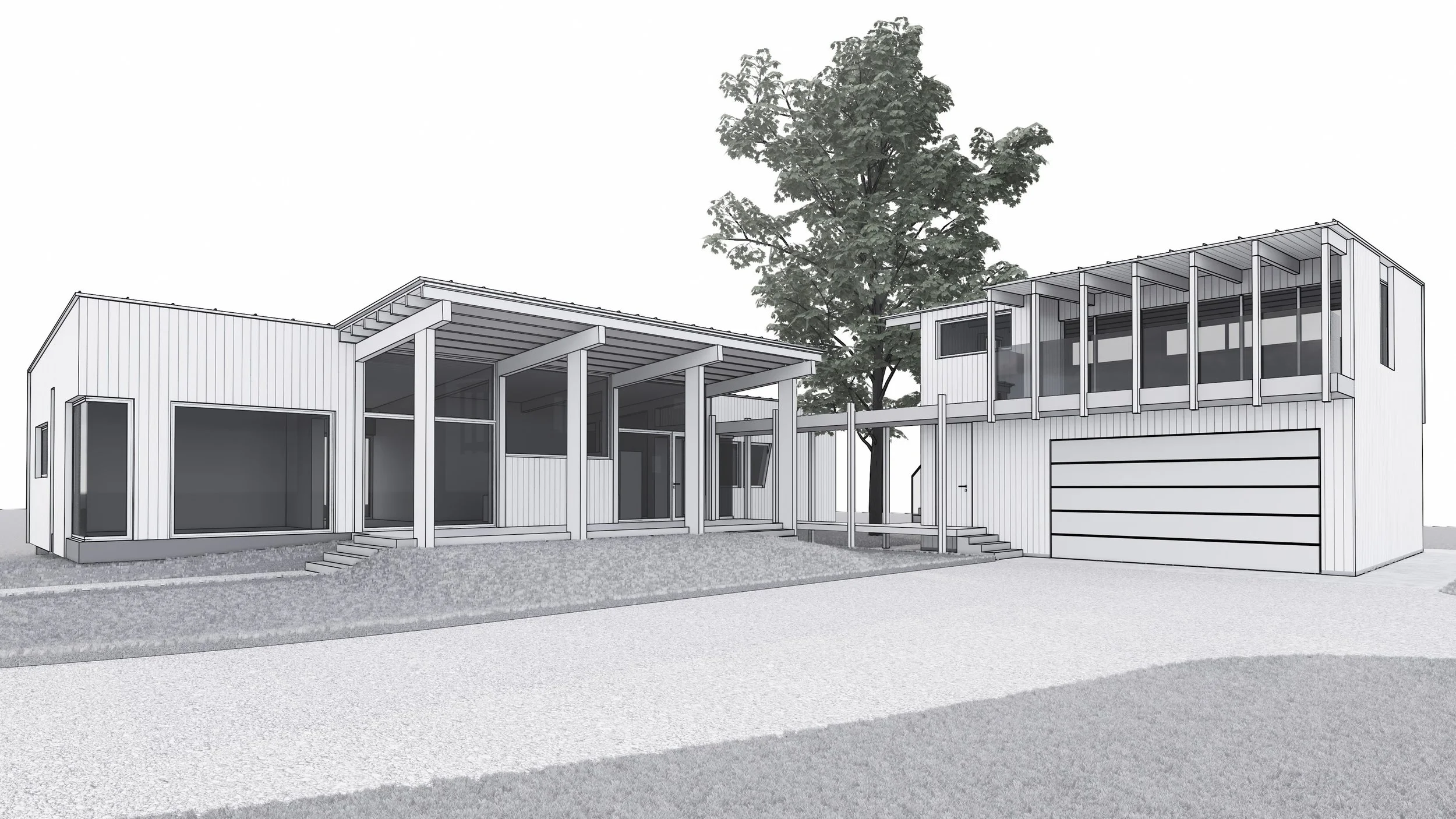 Line drawing of a modern two-story house with large windows, a sloped roof, a garage, and a tree in the background.
