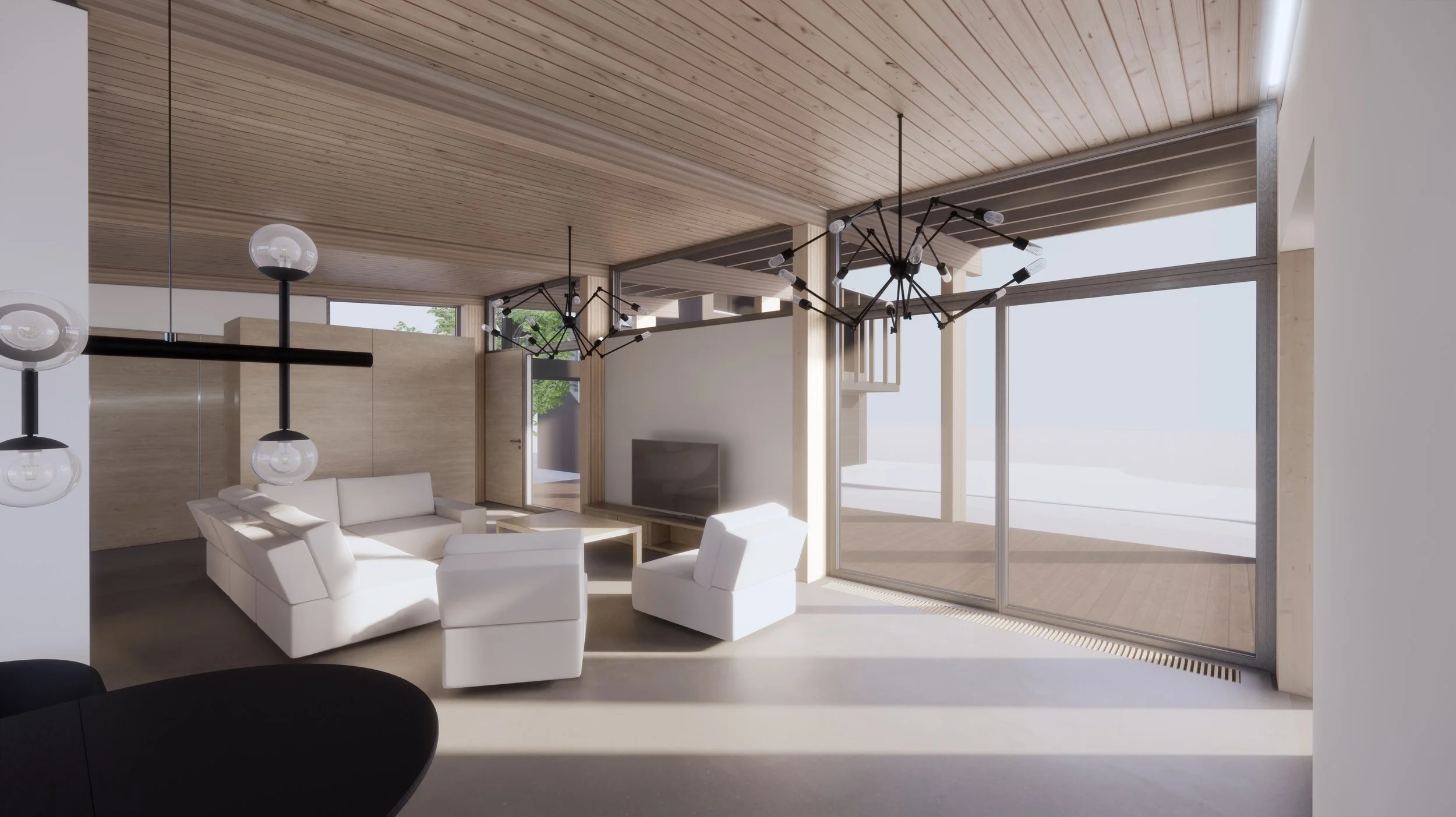 Modern living room with white seating, wooden ceiling, large sliding glass doors, and unique black chandeliers.