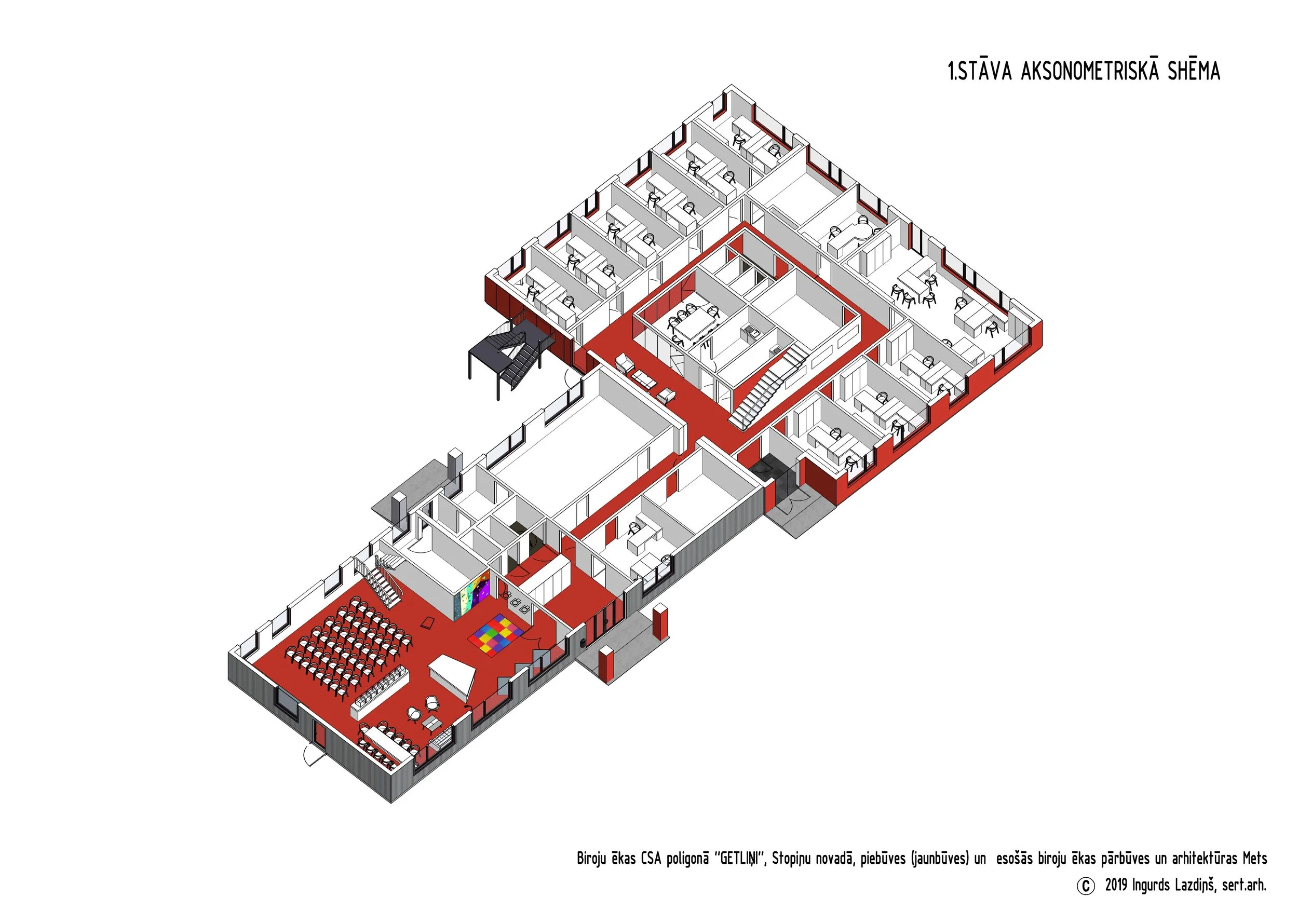 Axonometric floor plan of an office building showing multiple rooms including conference rooms, workspaces, offices, and common areas with red and white color scheme.