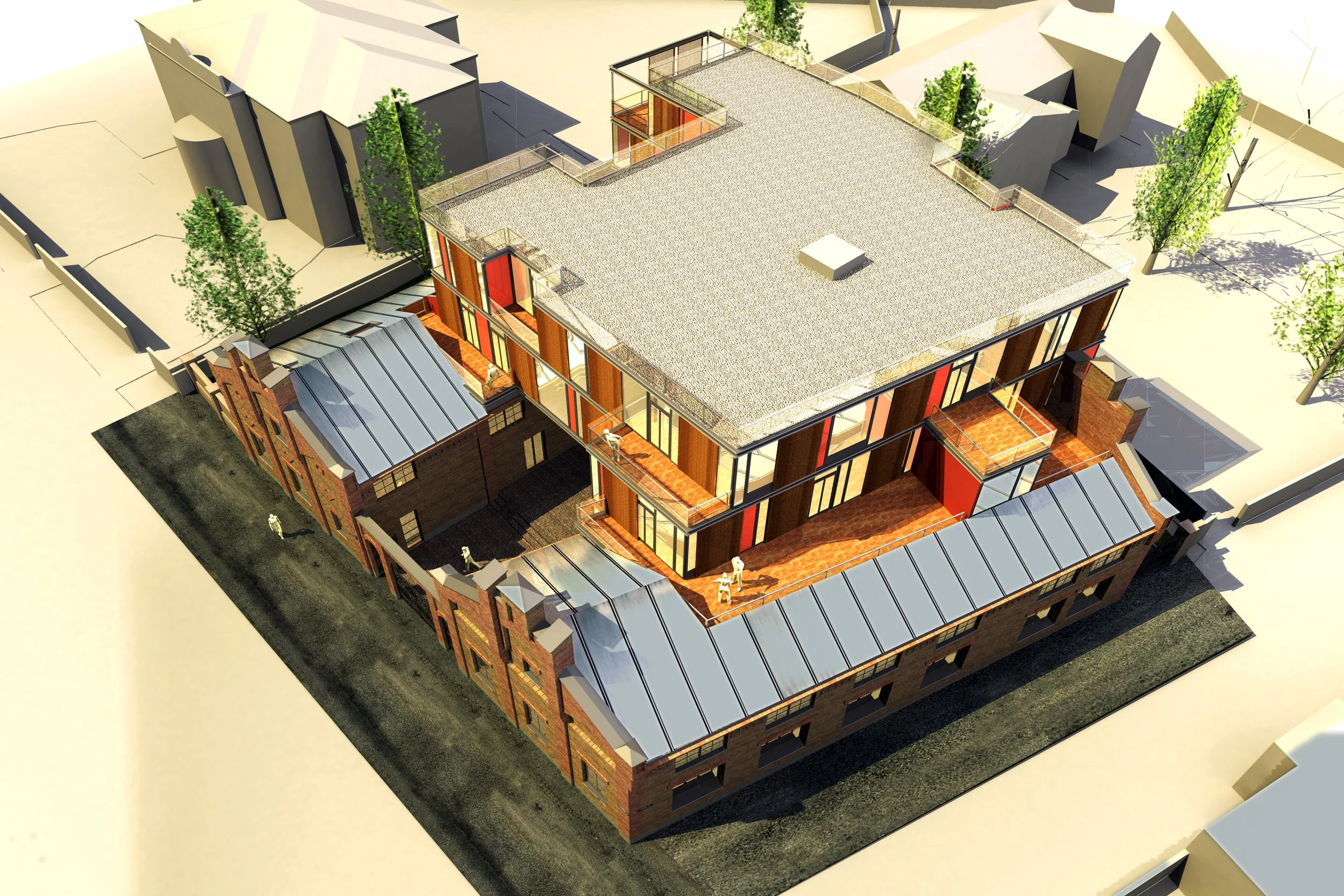 A digital rendering of a modern multi-story building surrounded by trees and neighboring structures, featuring brick and wood exterior walls, large windows, and multiple rooftop terraces.