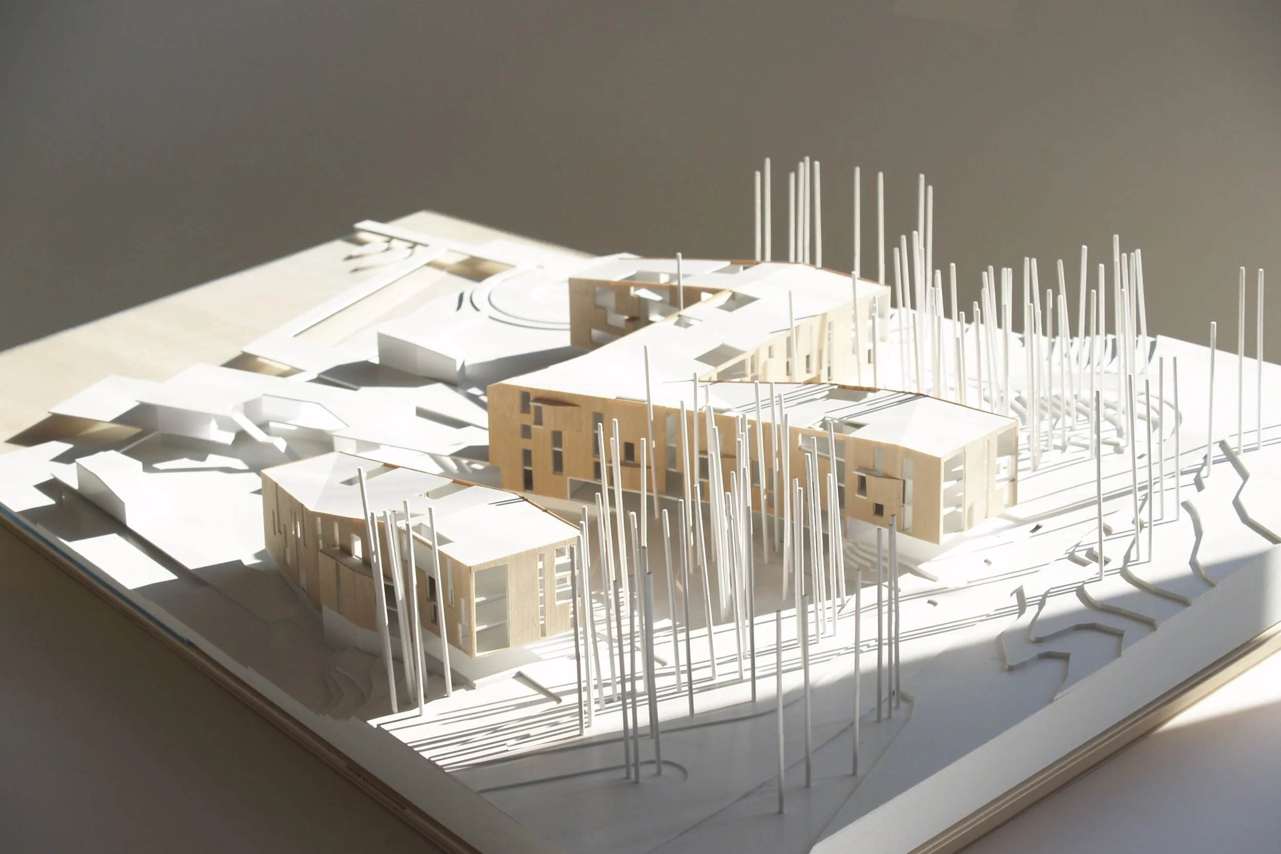 Architectural model of a modern building complex with multiple structures and tall, thin trees on a white base.
