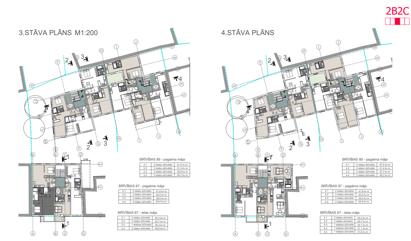 Architectural floor plans of two building levels with detailed room layouts and measurements, labeled in Latvian.