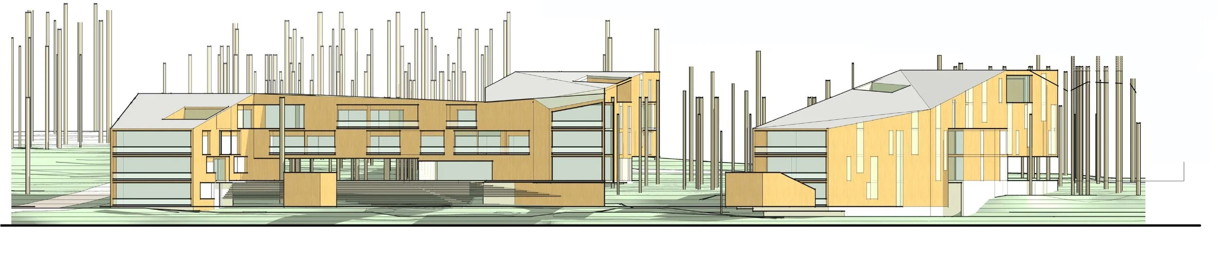 Architectural drawing of a modern multi-story building with wooden exterior, large windows, and surrounding trees.