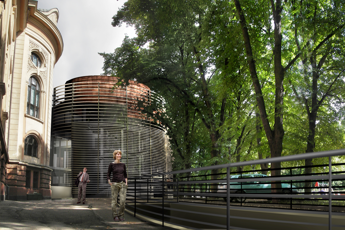 People walking past a modern building with a rounded, copper-colored exterior and horizontal louvers, on a city sidewalk with trees and parked cars.