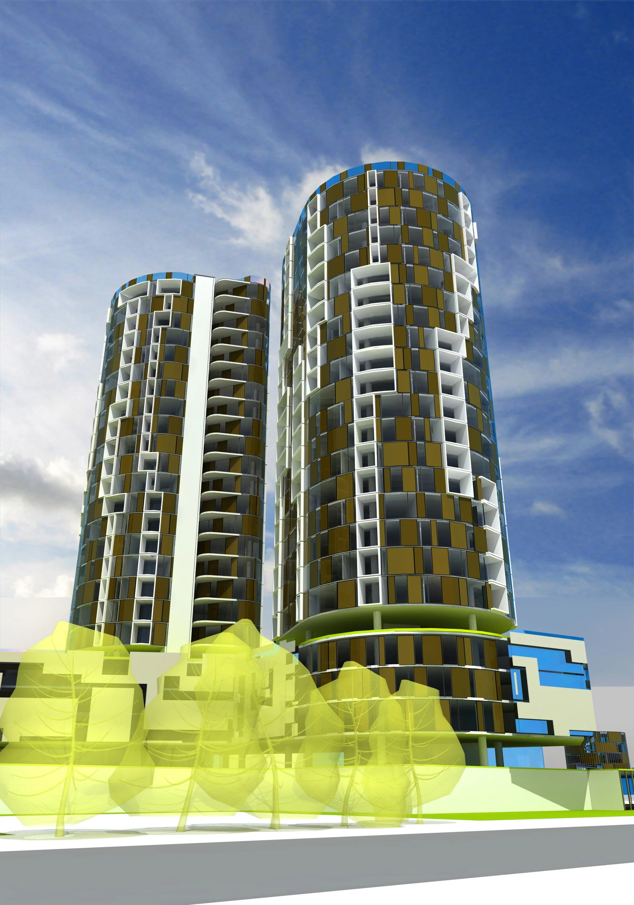 A digital rendering of two modern high-rise buildings with rounded facades, large glass windows, and multiple balconies, set against a partly cloudy blue sky. There are transparent yellow trees and a small building with geometric blue and white design at the base.