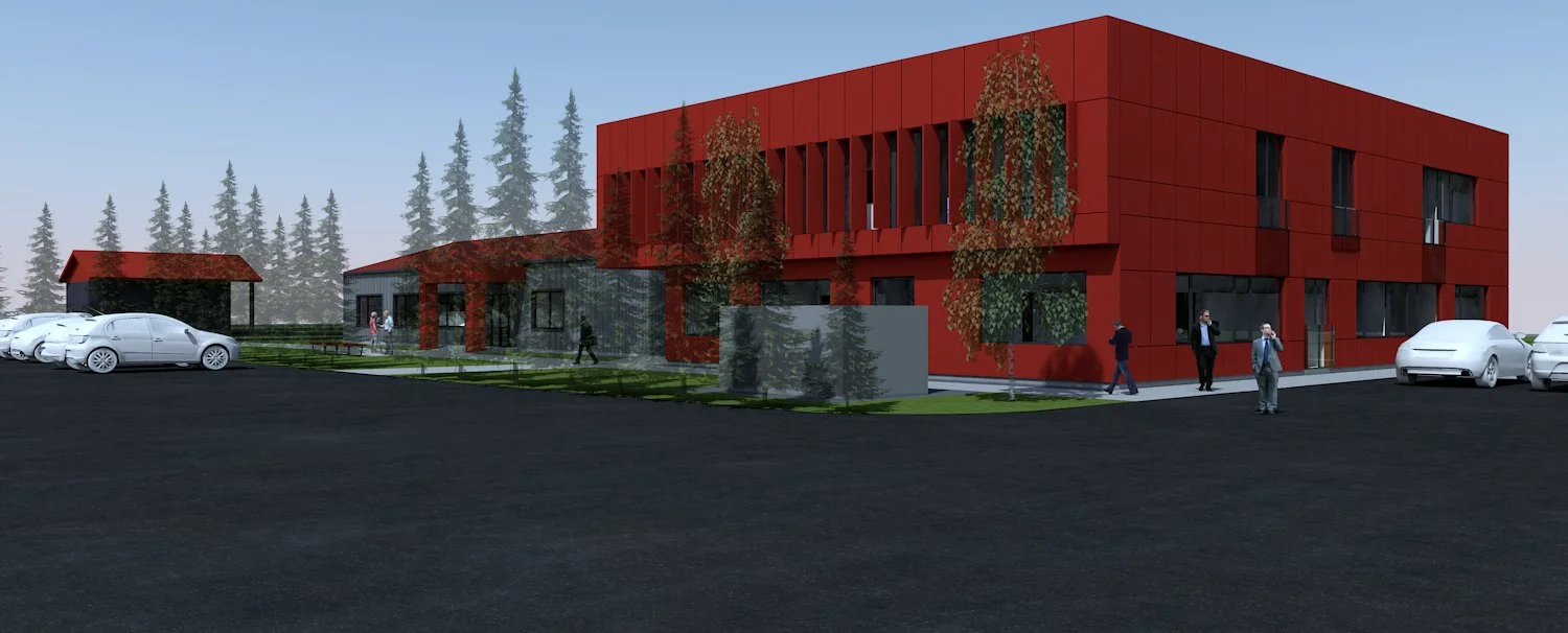Rendering of a modern red building with trees, parking lot, and people walking outside.
