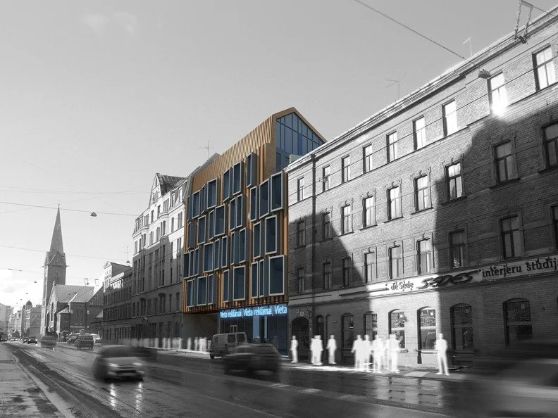A black and white photo of an urban street scene with a modern multistory building featuring a wooden and glass facade on a historic street with older brick buildings, cars, and pedestrians.