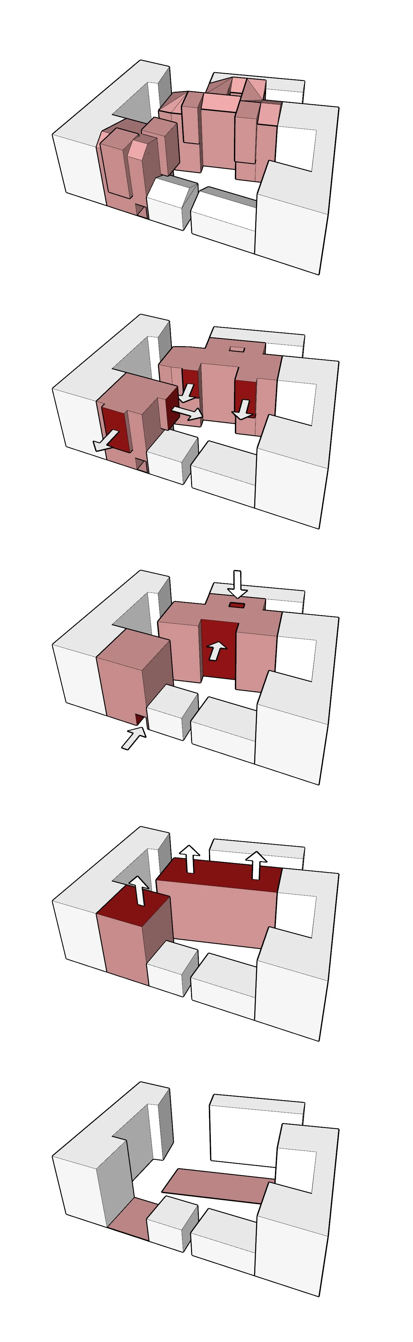 Five steps showing the process of room or space optimization with arrows indicating movement and partition adjustments.
