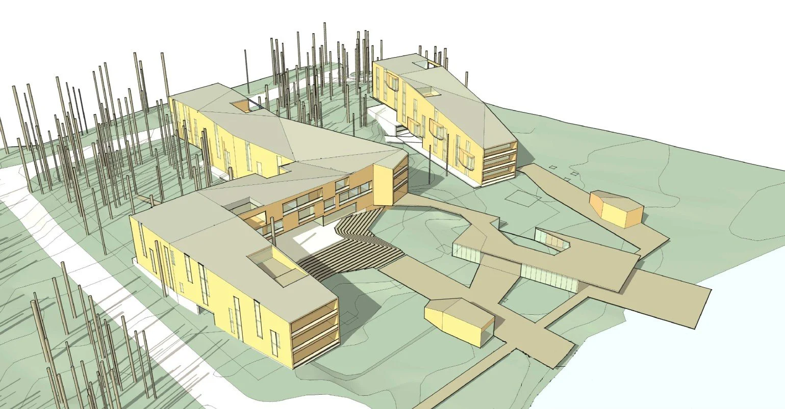 Architectural design of a modern multi-building complex with outdoor pathways, open spaces, and surrounding landscape, viewed from an elevated angle.