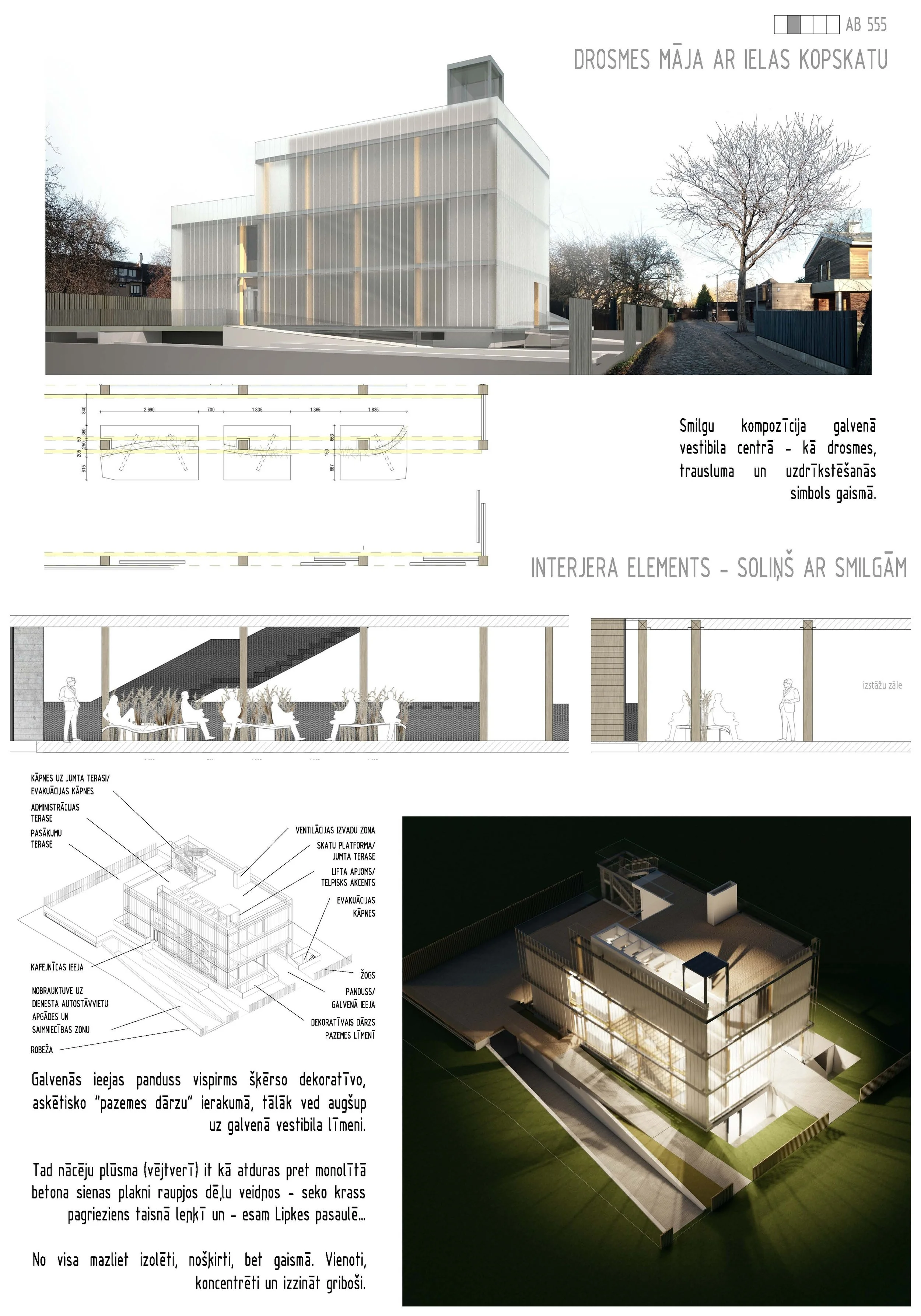 Architectural design board featuring a modern, white multi-story building with vertical louvered exterior cladding. The layout includes elevation drawings, interior elements with a lounge area on a terrace, and a night-time rendered 3D model of the building with lighting, set on a landscaped site with fencing.