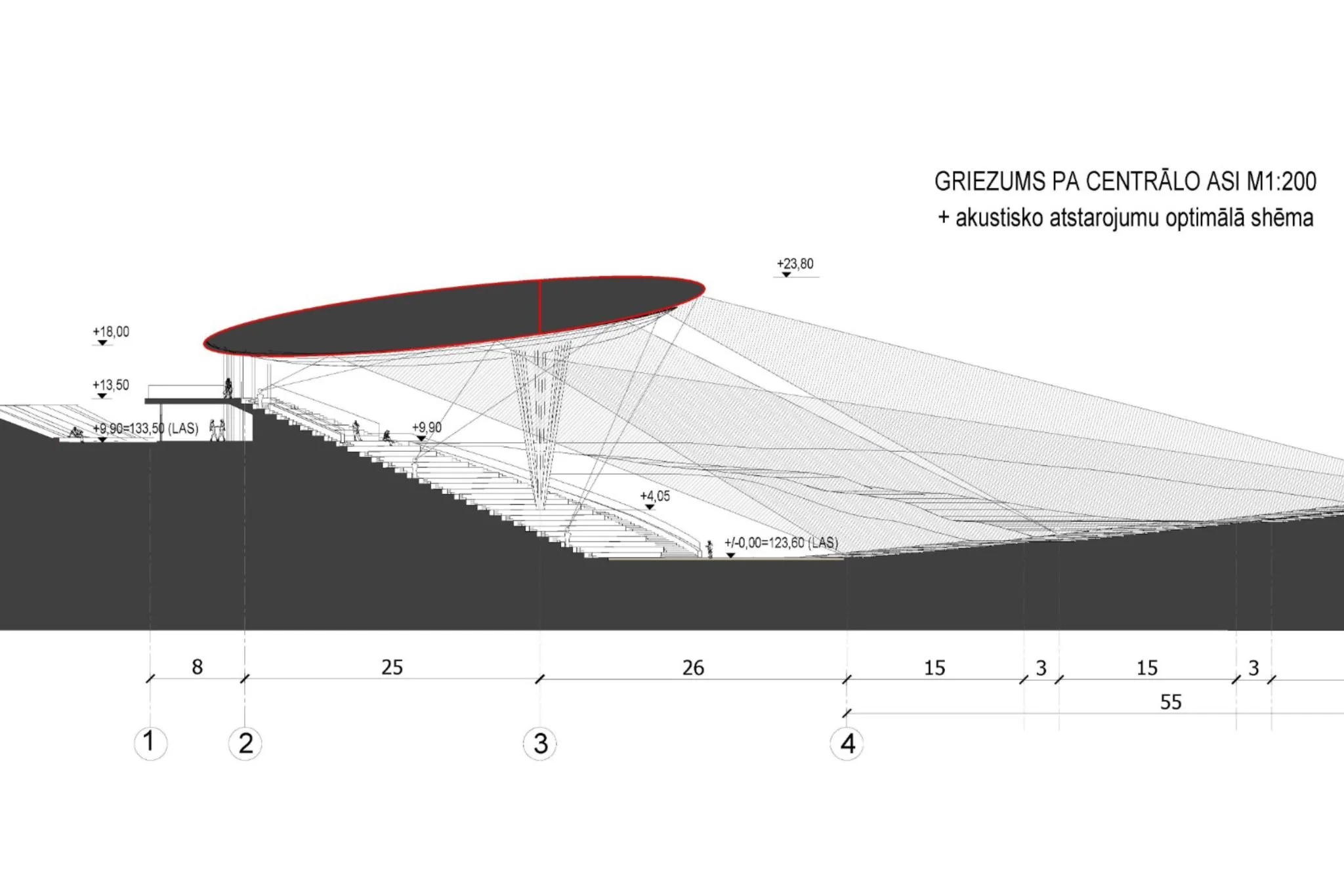 Architectural drawing of a stadium with a circular roof, seating sections, and measurement annotations.