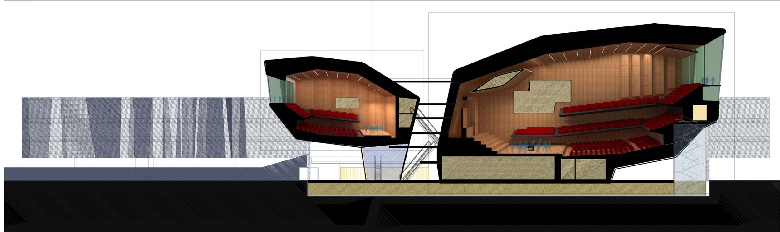 Cross-section architectural rendering of a modern, two-story theater building with interior views of auditorium and stage.