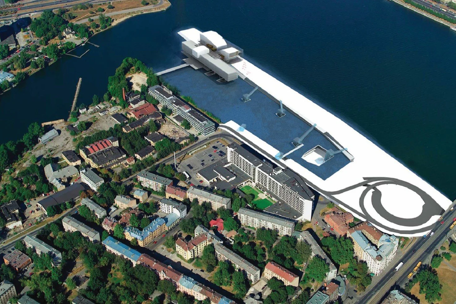 Aerial view of a city with a river, with a large, modern building added digitally on the water along with a spiral design extending onto the land.