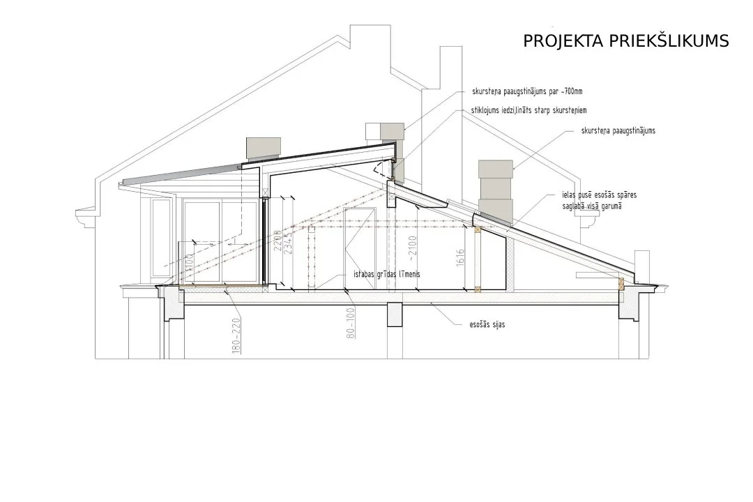 Architectural cross-section drawing of a building with labels and measurements, showing roof structure, walls, windows, and foundation details.
