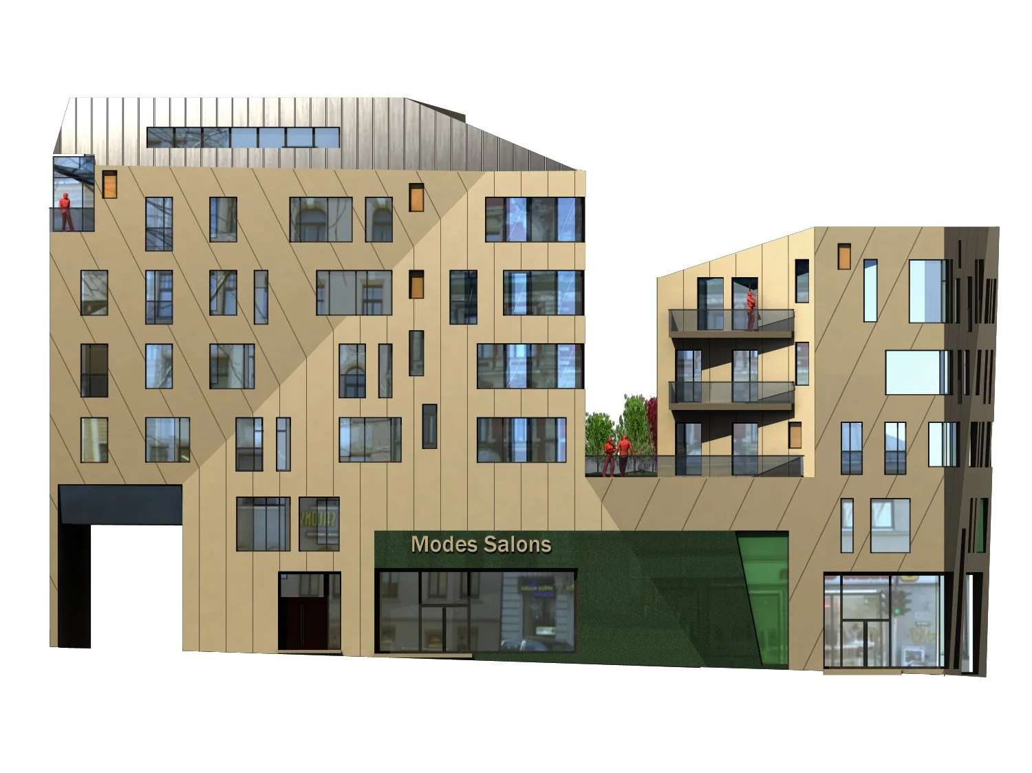 Modern multi-story building with mixed-use commercial and residential spaces, including salons at street level and balconies with people.