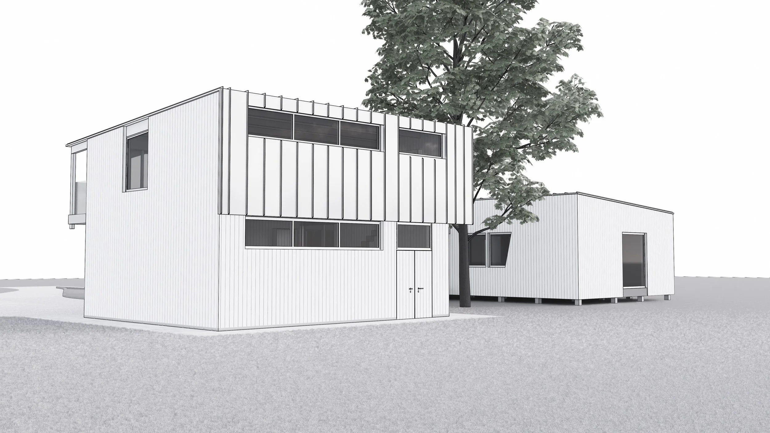 Architectural rendering of modern white modular houses with flat roofs and large windows, surrounded by a tree, on a flat gray surface.