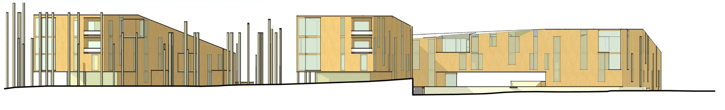 Architectural elevation drawing of a modern multi-story building with wooden and glass facade, featuring vertical and horizontal panels, and various window sizes.