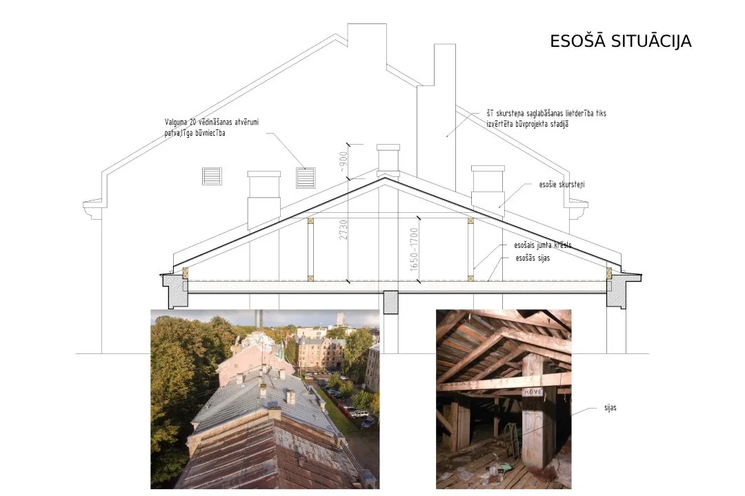 Architectural drawing of a roof structure with two photos showing a building's roof and interior attic space.