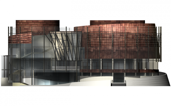 Modern multi-story building with a distinctive architectural design featuring metal framework, large glass windows, and curved elements.