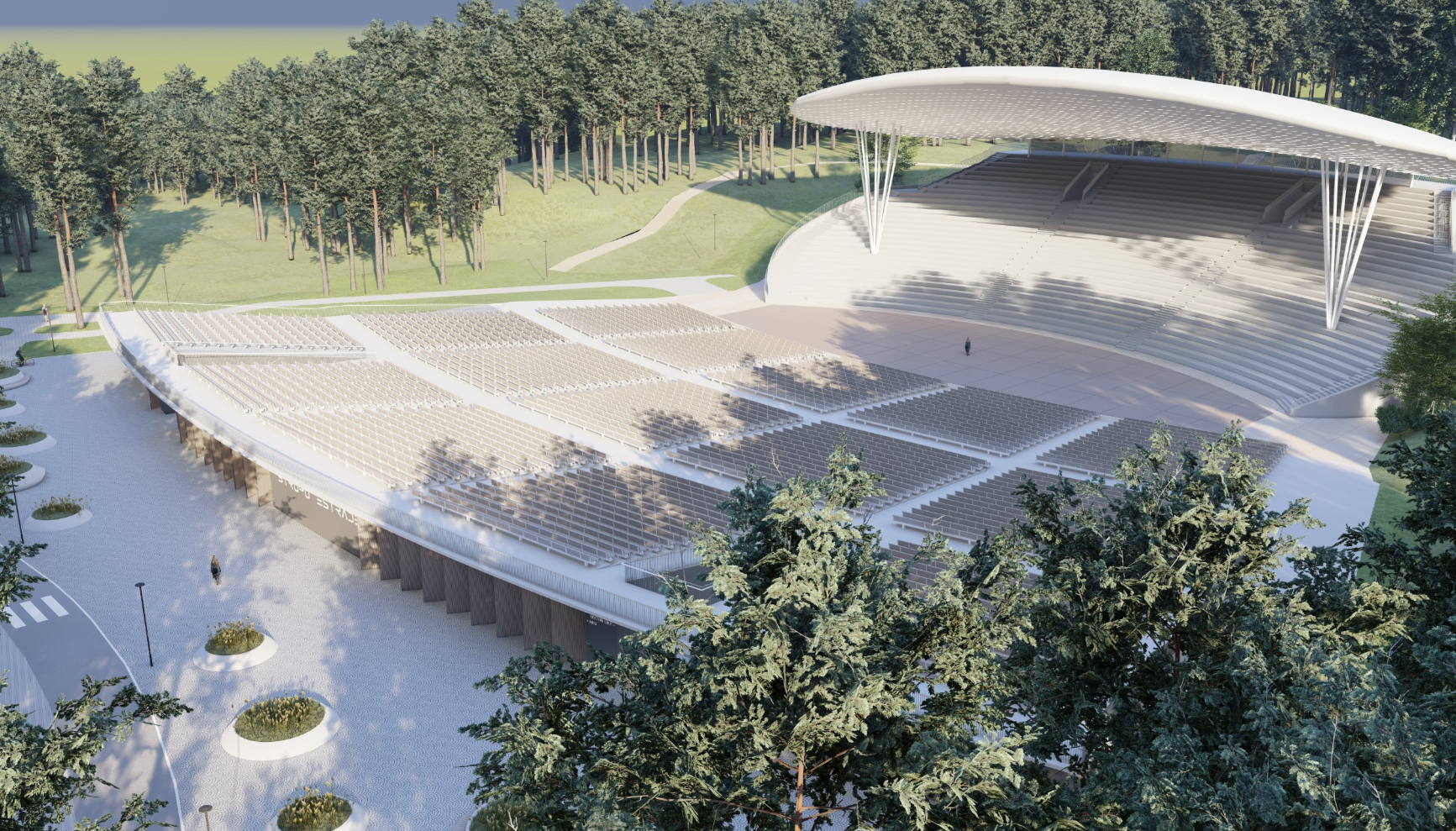Architectural rendering of a modern outdoor amphitheater with solar panel-covered roof, surrounded by greenery and trees.