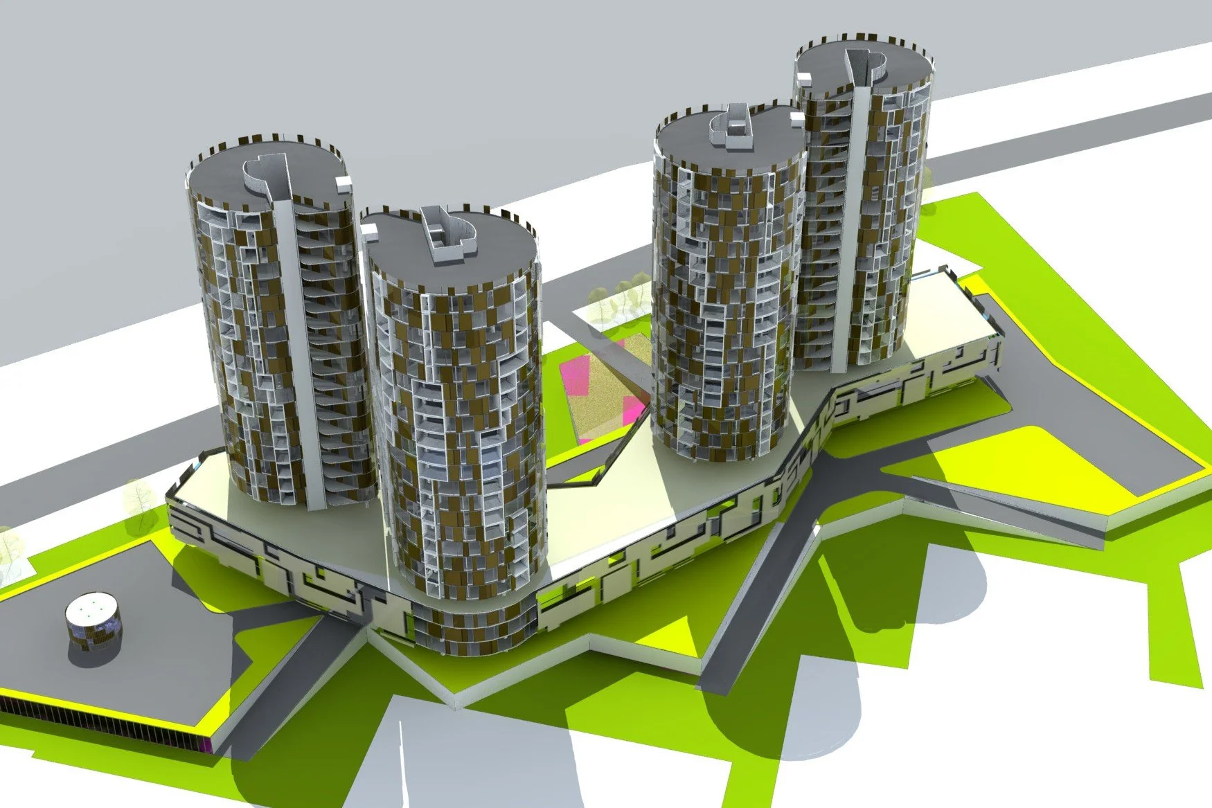 Architectural rendering of a modern residential complex with four high-rise buildings and surrounding green spaces and pathways.