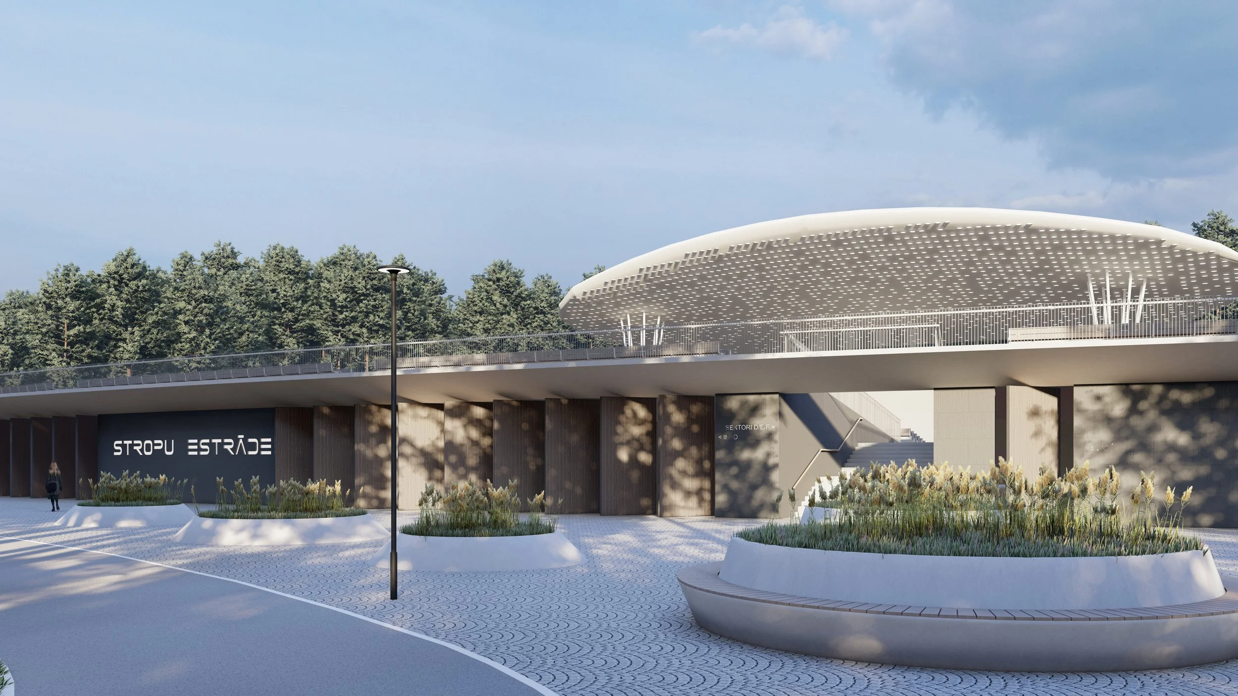 Modern architectural building with curved roof, surrounding landscaping, and a person walking nearby.