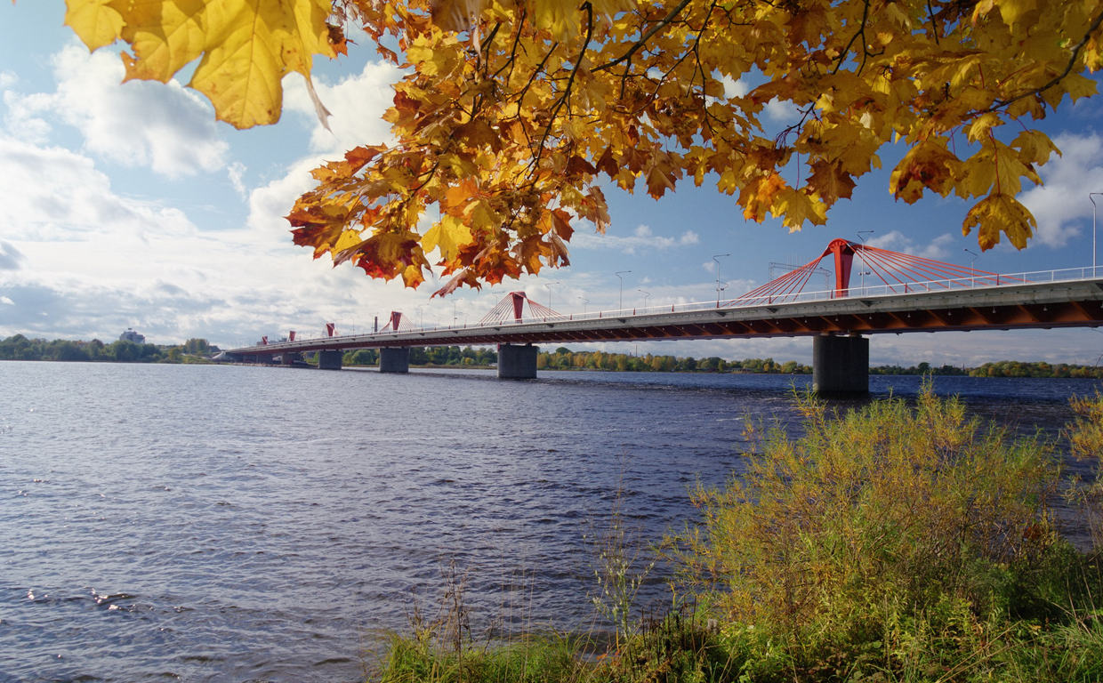 A bridge over a river with autumn leaves hanging from a tree branch in the foreground, partly cloudy sky in the background.