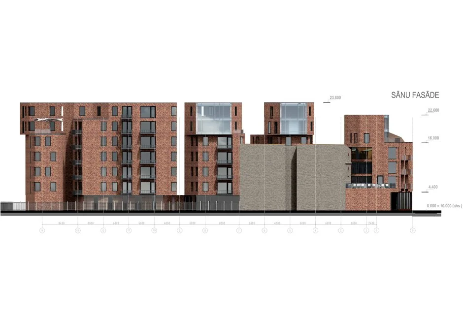 Architectural drawing of a multi-story brick residential building with varying heights, window designs, and balconies, labeled 'SĂNU FASĂDE' on the right side, depicting different elevation levels.