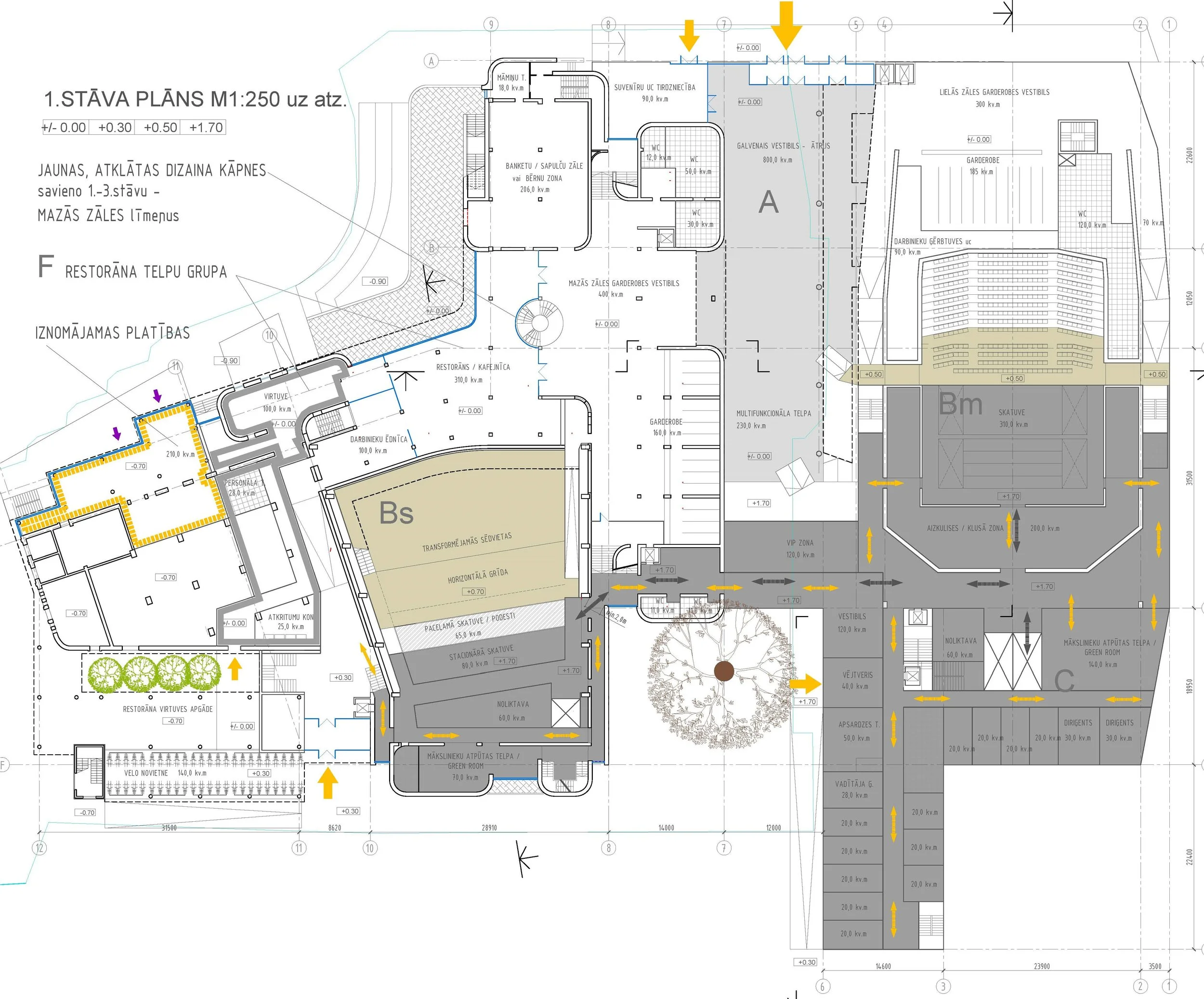 Architectural floor plan of a building with sections labeled Bs, Bm, and C, various rooms, parking areas, staircases, pathways, and directional arrows.