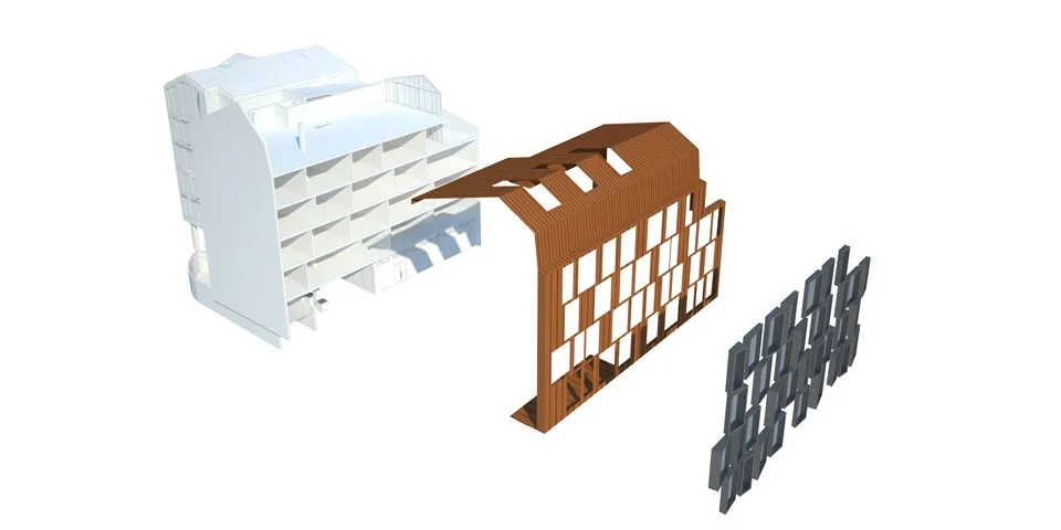 Digital rendering of a building construction process showing a white building, a brown wooden framework, and black panels.